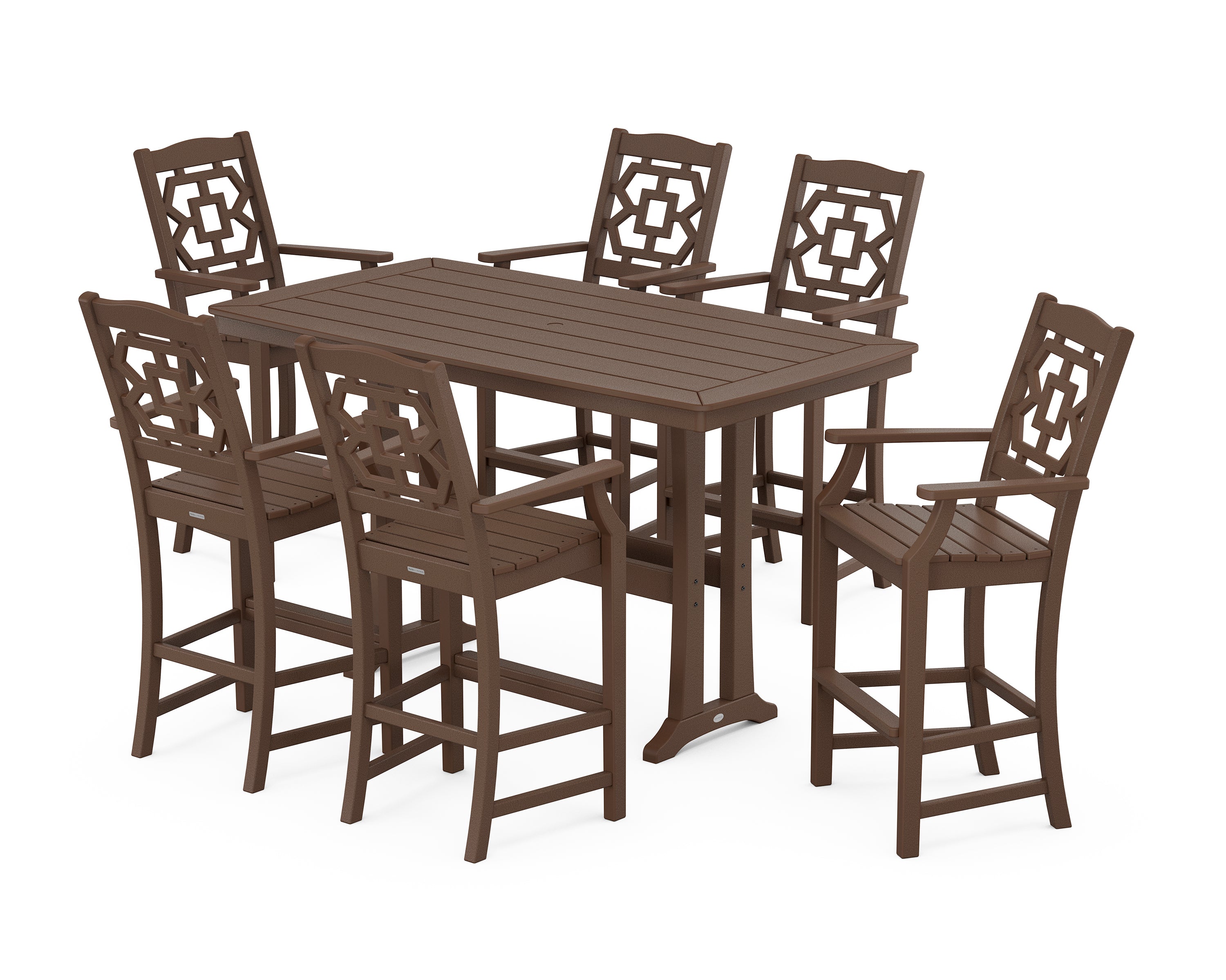 Martha Stewart by POLYWOOD® Chinoiserie Arm Chair 7-Piece Bar Set with Trestle Legs in Mahogany