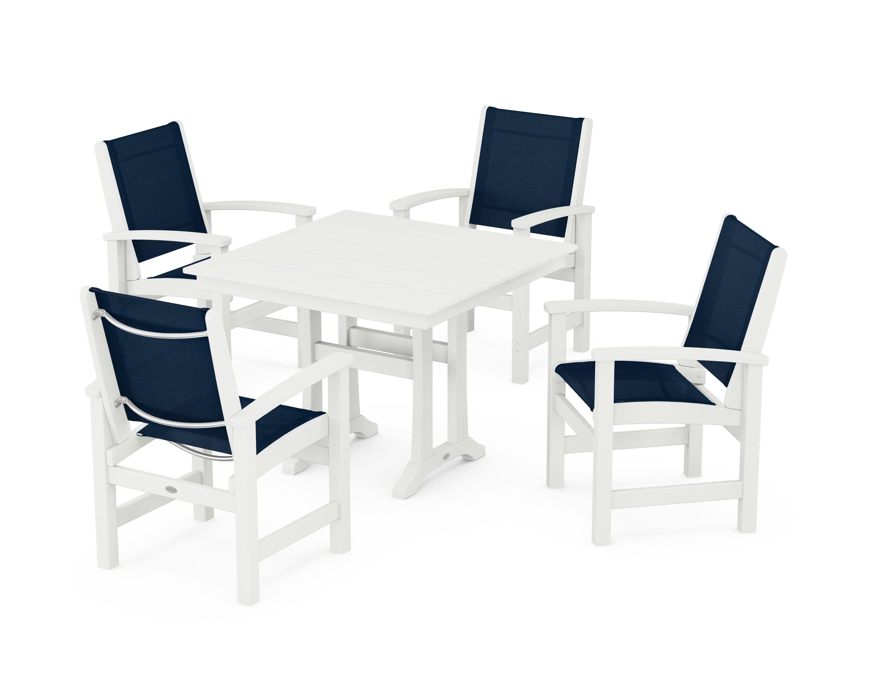 POLYWOOD Coastal 5-Piece Farmhouse Dining Set With Trestle Legs in Vintage White / Navy Blue Sling