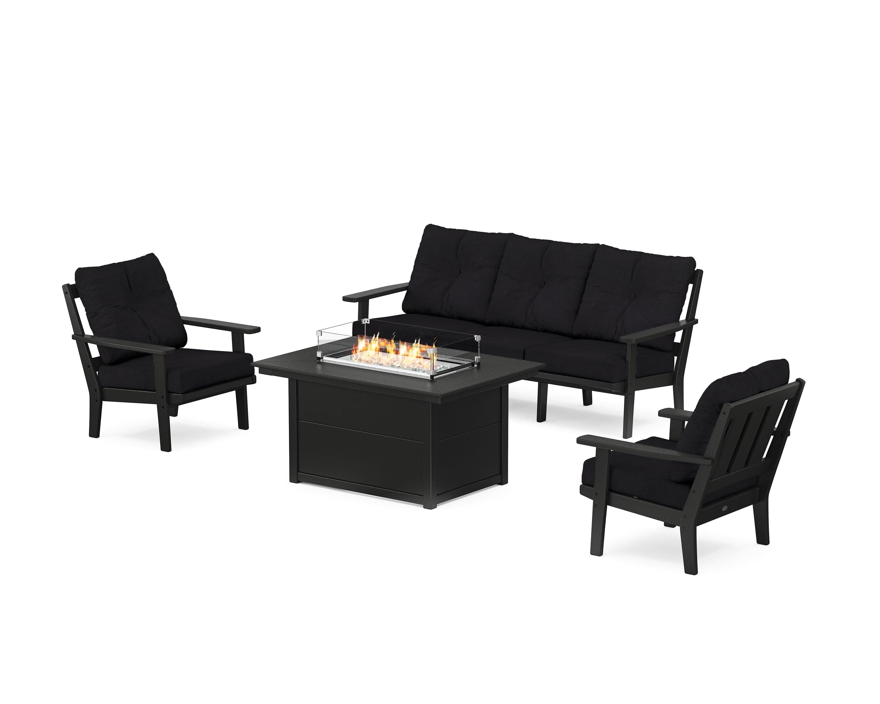 POLYWOOD Oxford Deep Seating Fire Pit Table Set in Black / Midnight Linen