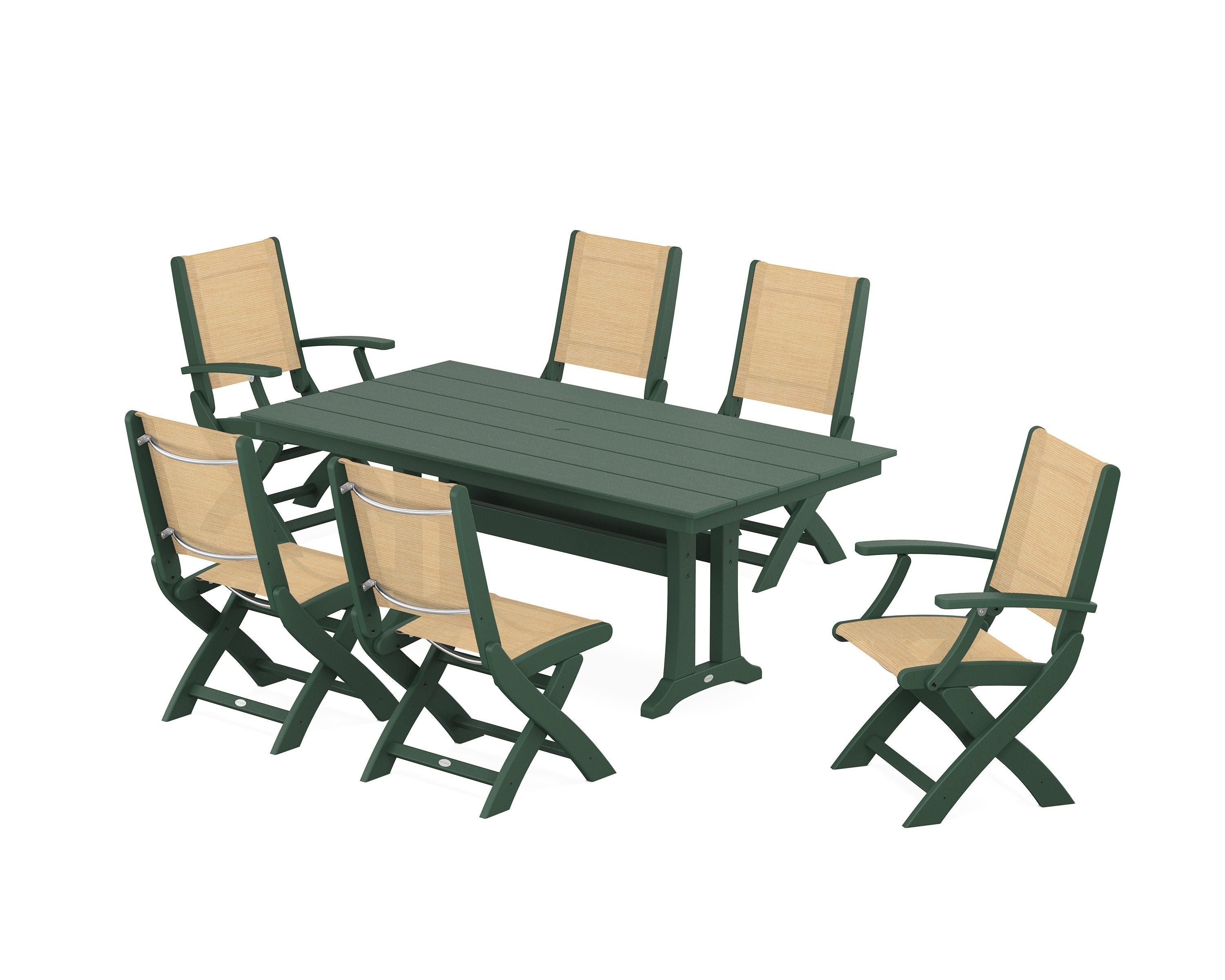 POLYWOOD Coastal Folding Chair 7-Piece Farmhouse Dining Set with Trestle Legs in Green / Dupioni Apricot Sling