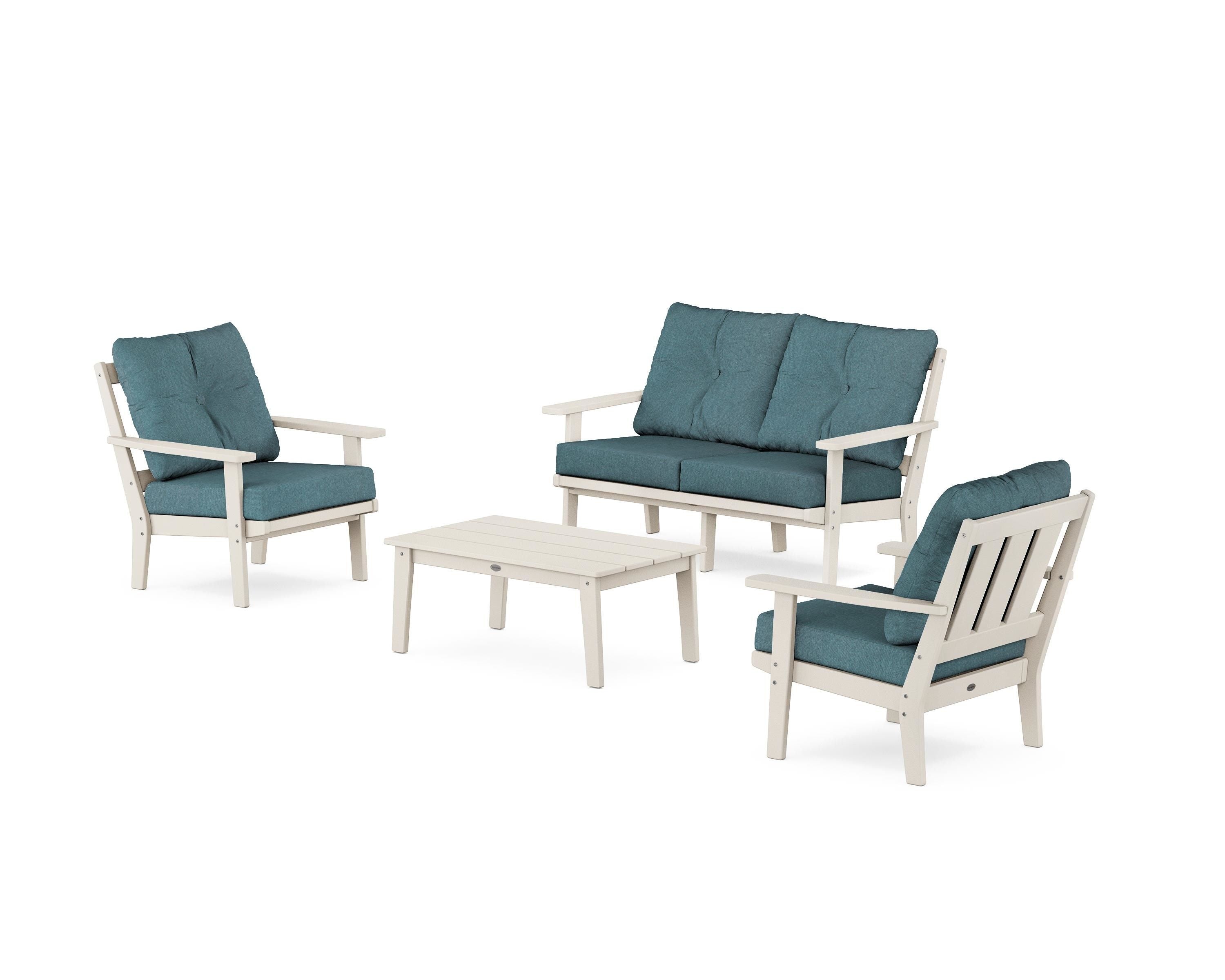 POLYWOOD Oxford 4-Piece Deep Seating Set with Loveseat in Sand / Ocean Teal