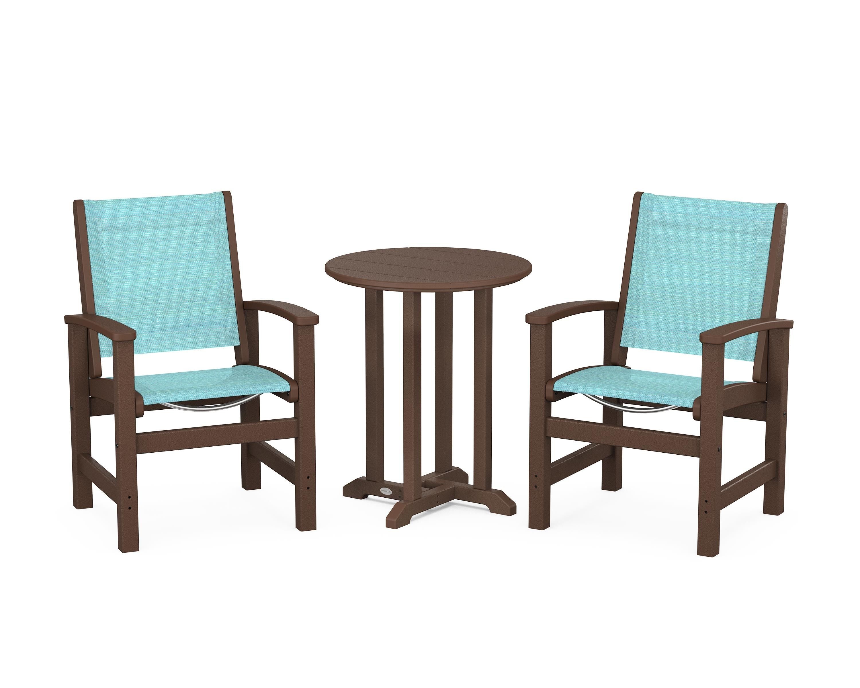POLYWOOD Coastal 3-Piece Round Bistro Dining Set in Mahogany / Dupioni Aquamarine Sling