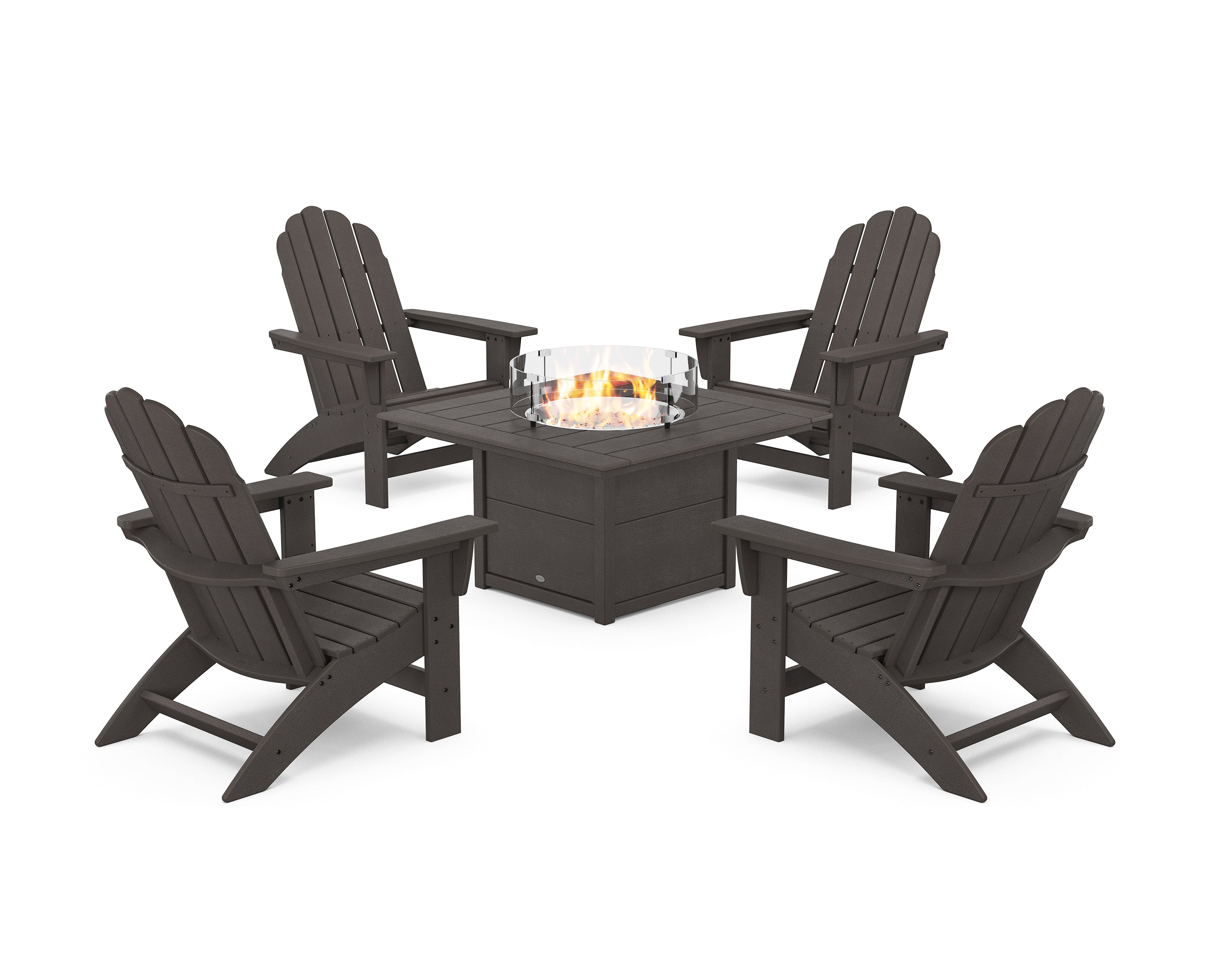 POLYWOOD 5-Piece Vineyard Grand Adirondack Conversation Set with Fire Pit Table in Vintage Coffee