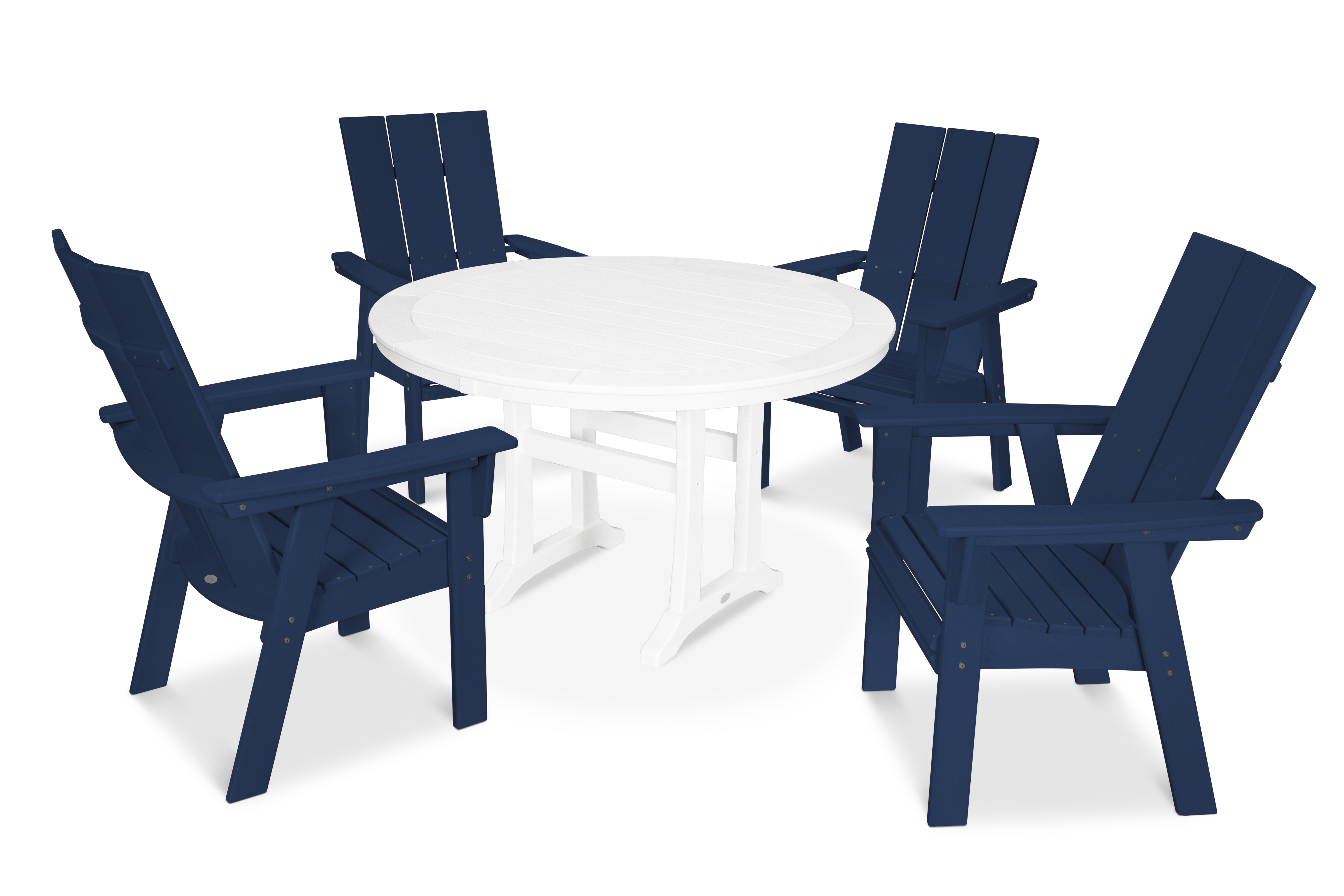 POLYWOOD® Modern Curveback Adirondack 5-Piece Nautical Trestle Dining Set in Navy / White