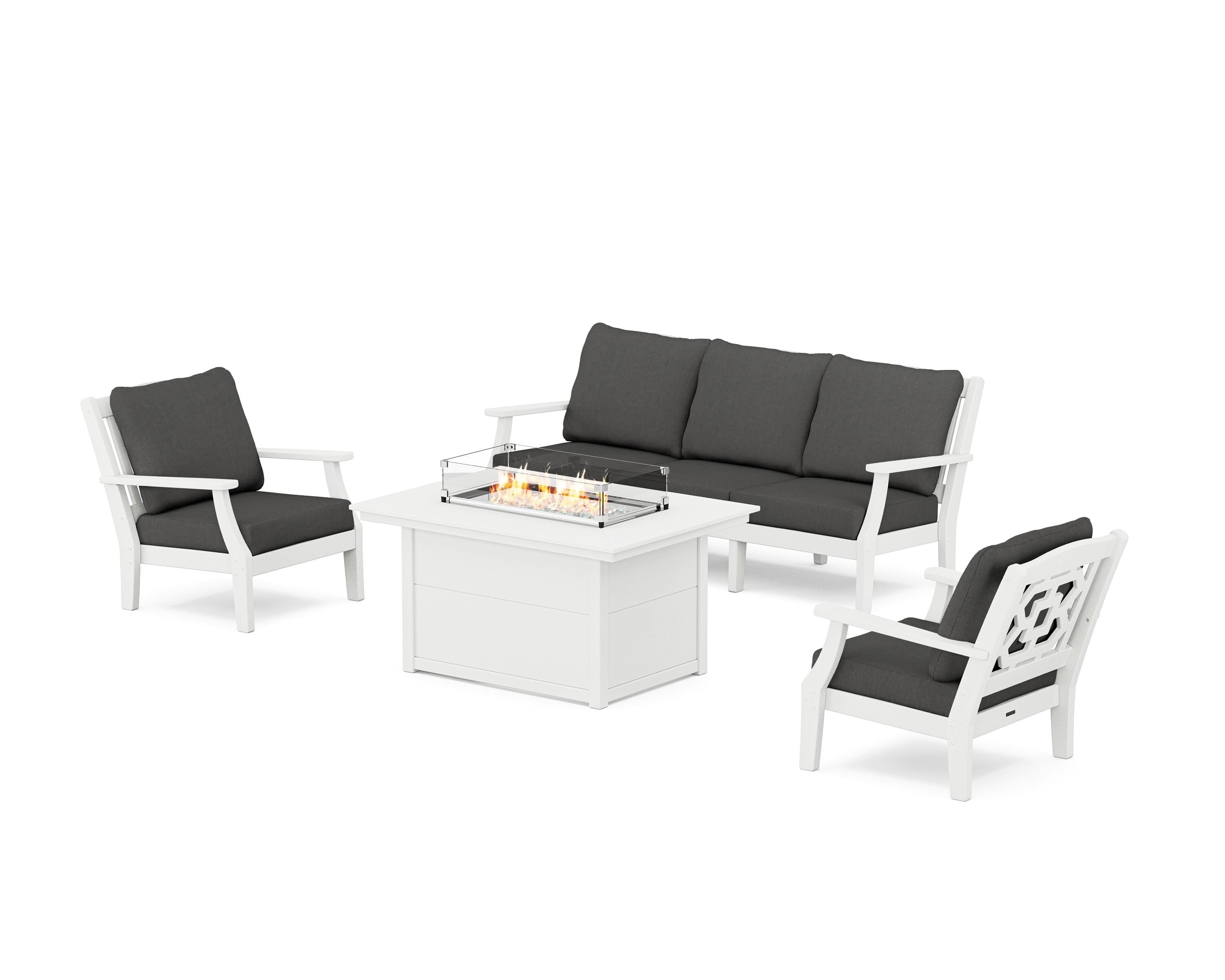 Martha Stewart by POLYWOOD Chinoiserie Deep Seating Fire Pit Table Set in White / Spectrum Carbon