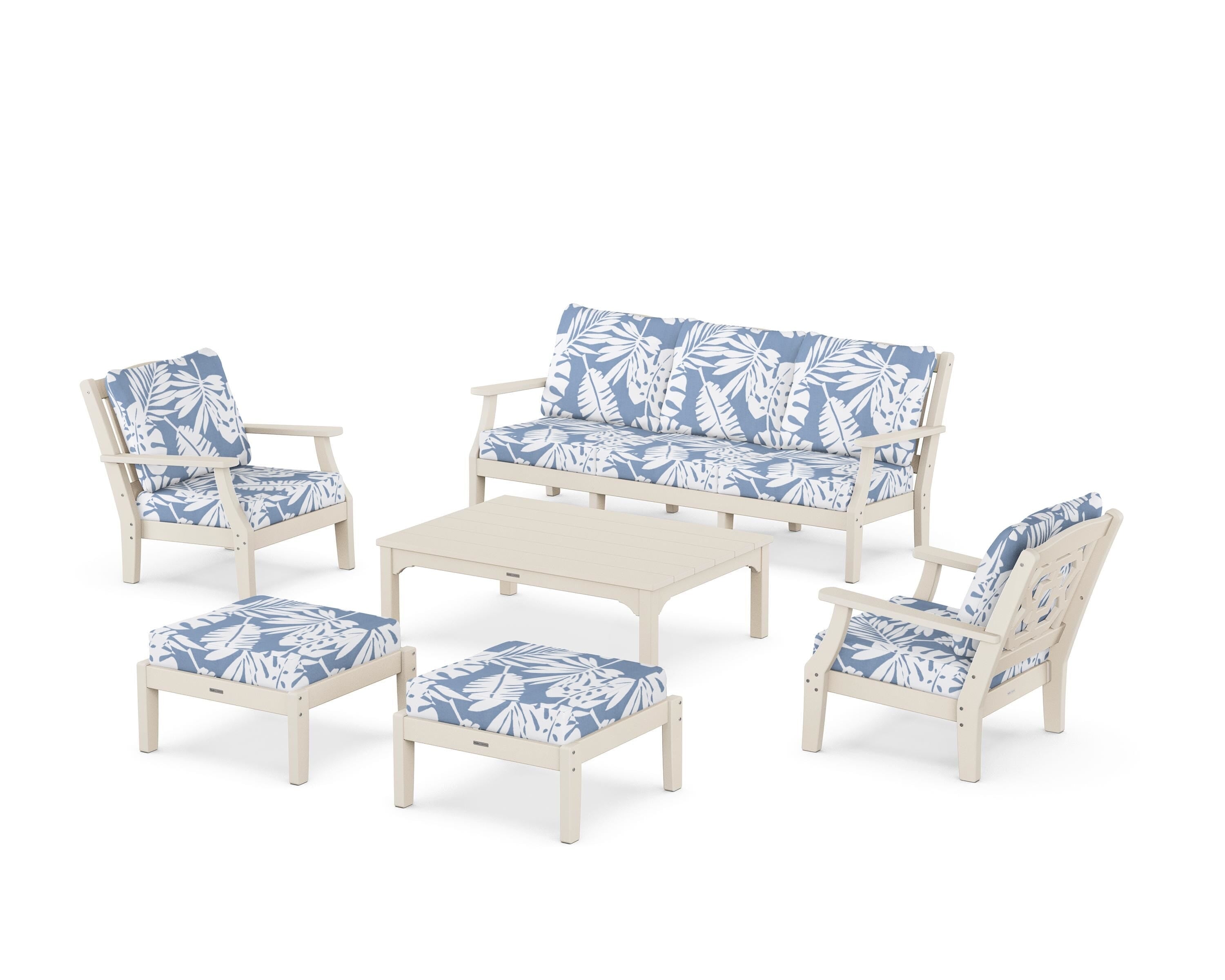 Martha Stewart by POLYWOOD Chinoiserie 6-Piece Lounge Sofa Set in Sand / Leaf Sky Blue