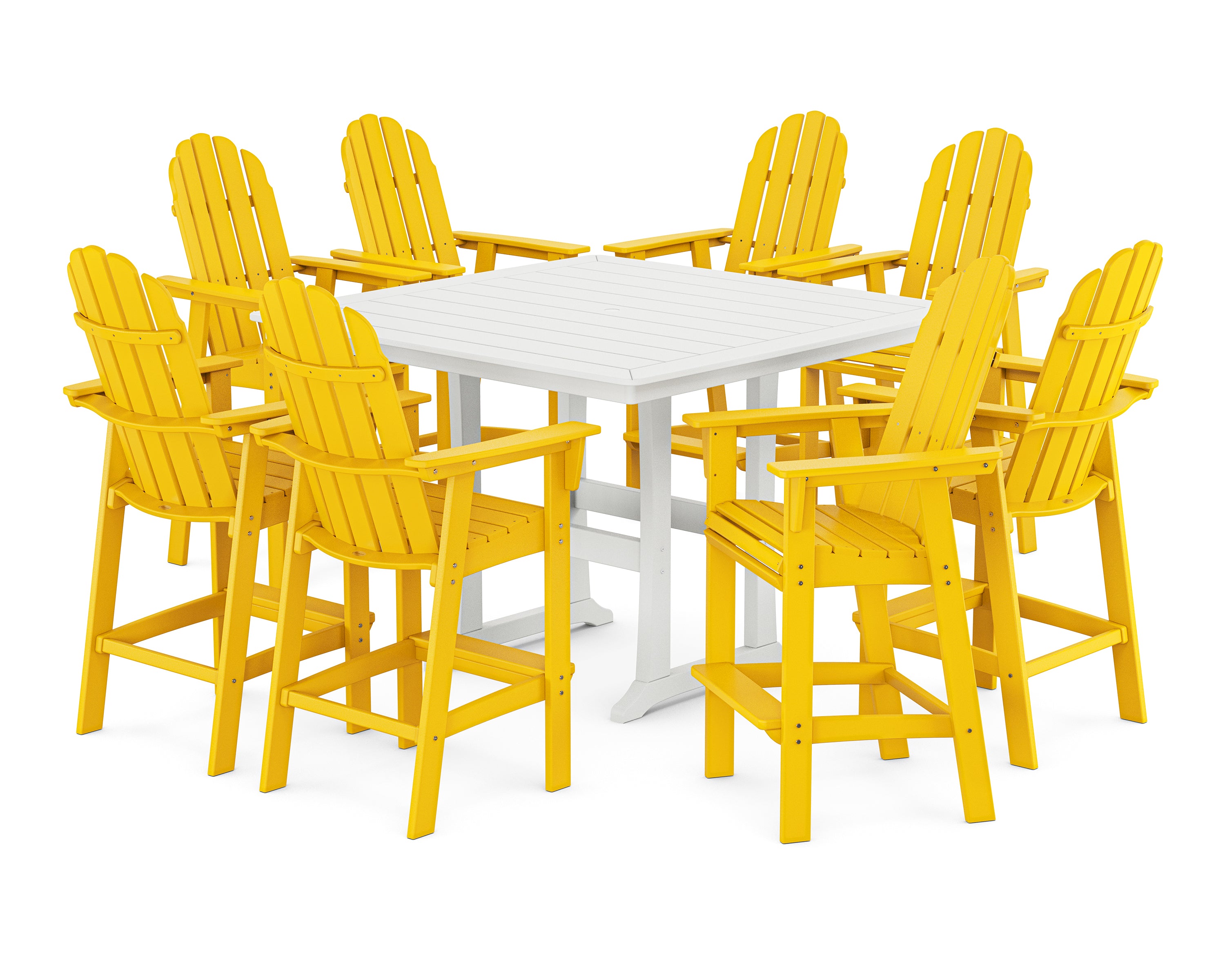 POLYWOOD Vineyard Curveback Adirondack 9-Piece Trestle Bar Set in Lemon / White