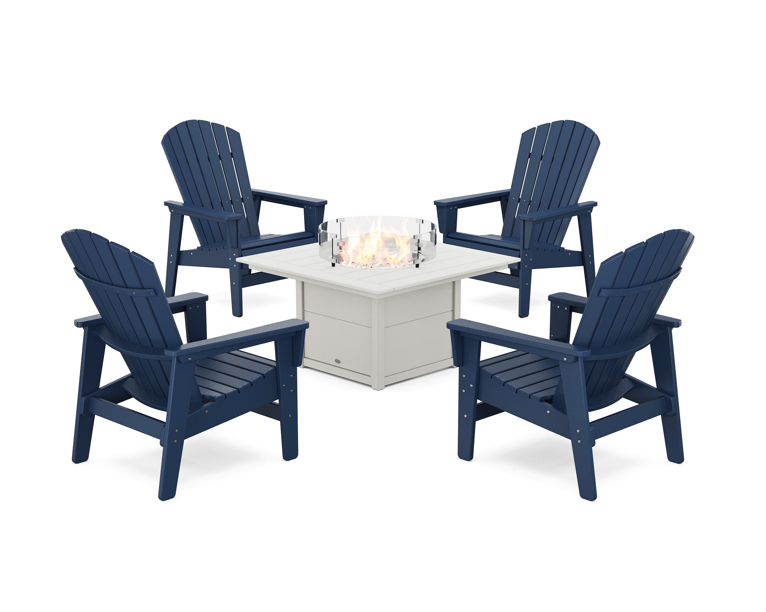 POLYWOOD 5-Piece Nautical Grand Upright Adirondack Conversation Set with Fire Pit Table in Navy / White