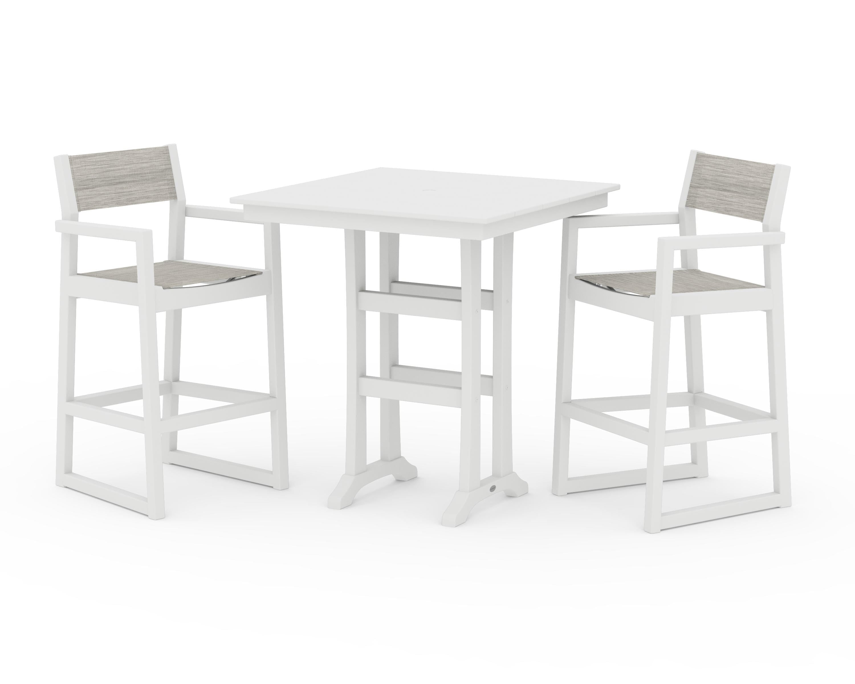 POLYWOOD EDGE Sling Arm Chair 3-Piece Farmhouse Bar Set with Trestle Legs in White / Birch Sling