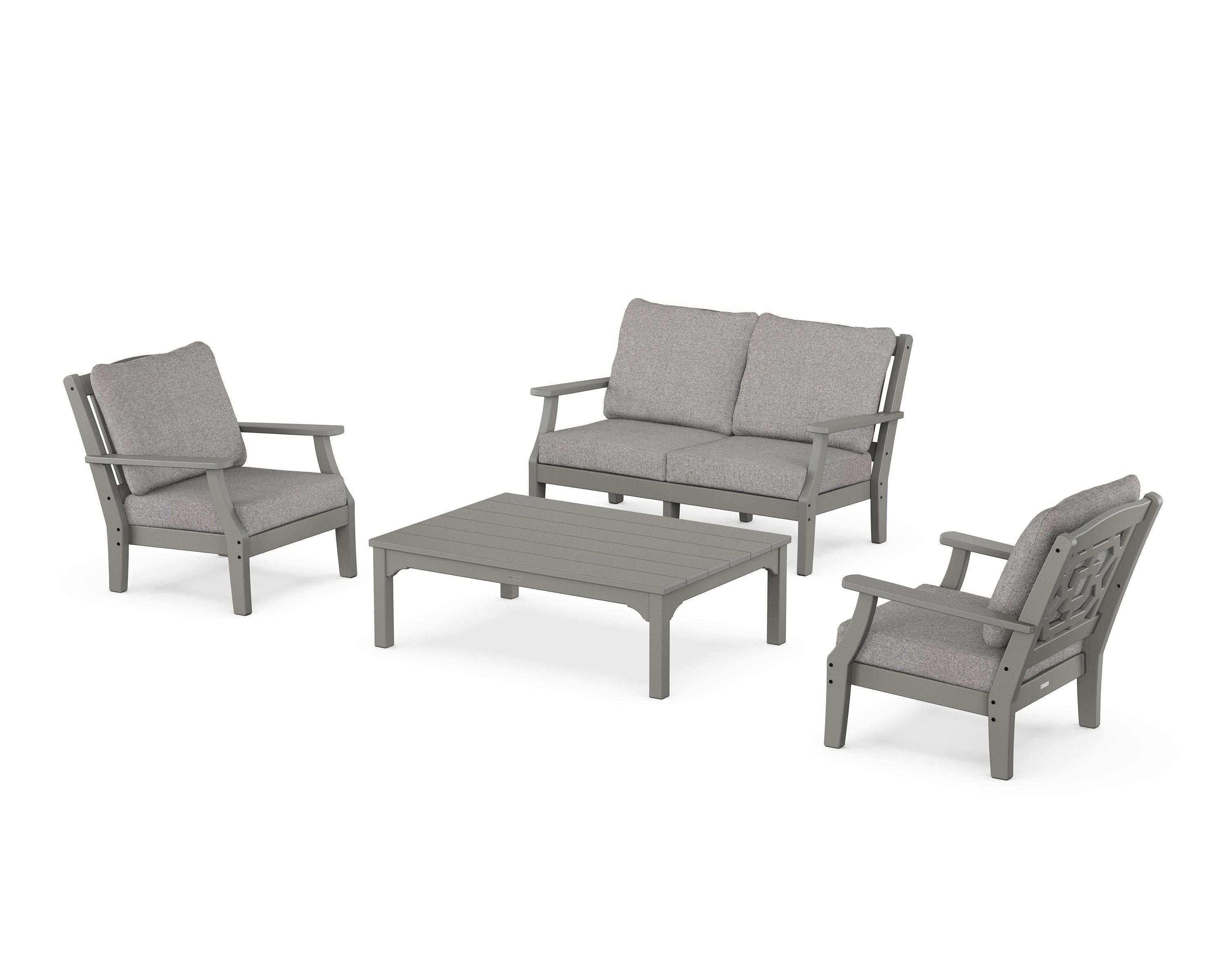 Martha Stewart by POLYWOOD Chinoiserie 4-Piece Deep Seating Set with Loveseat in Slate Grey / Grey Mist