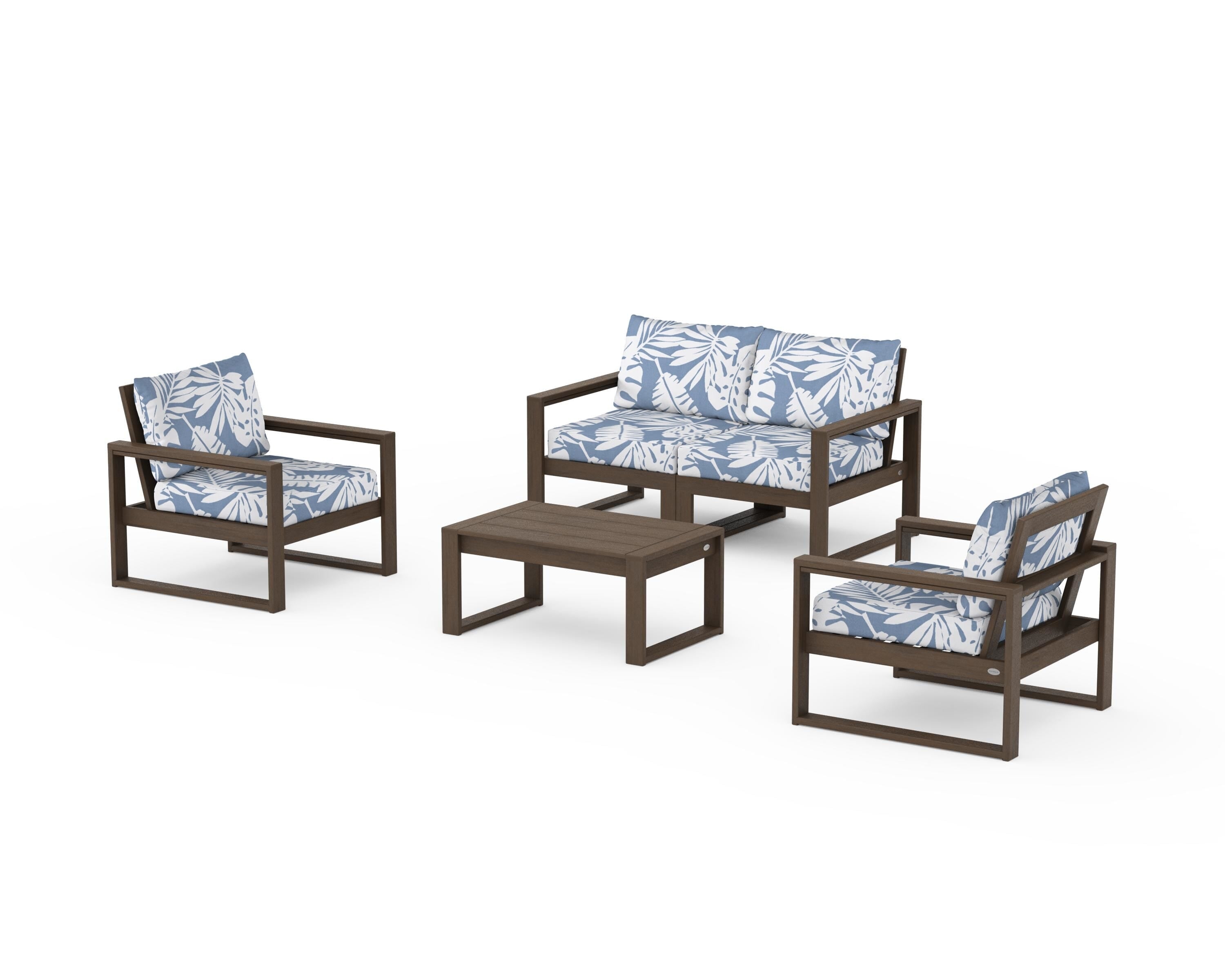POLYWOOD EDGE Sectional 4-Piece Deep Seating Set with Loveseat in Kona / Leaf Sky Blue