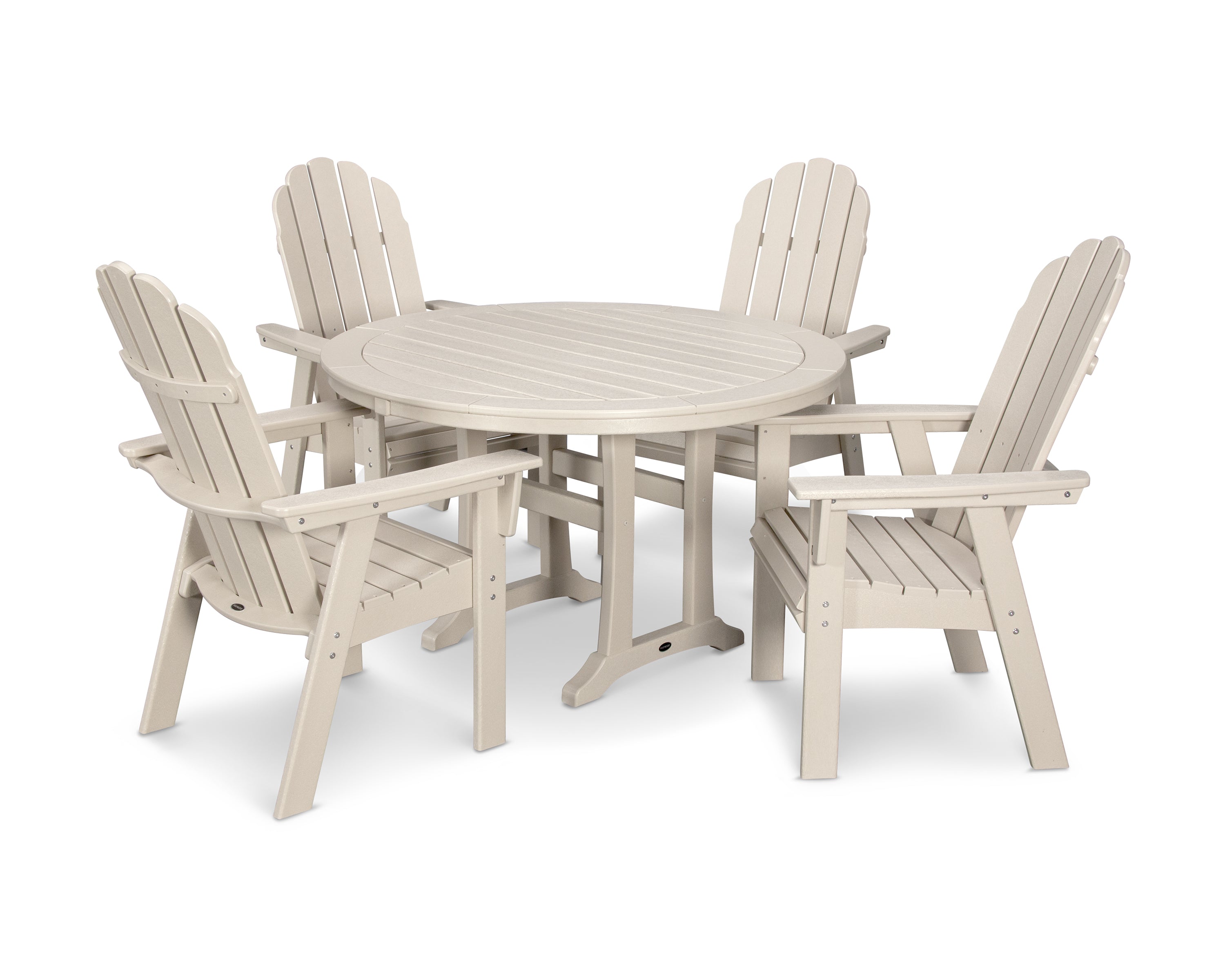 POLYWOOD® Vineyard Curveback Adirondack 5-Piece Nautical Trestle Dining Set in Sand