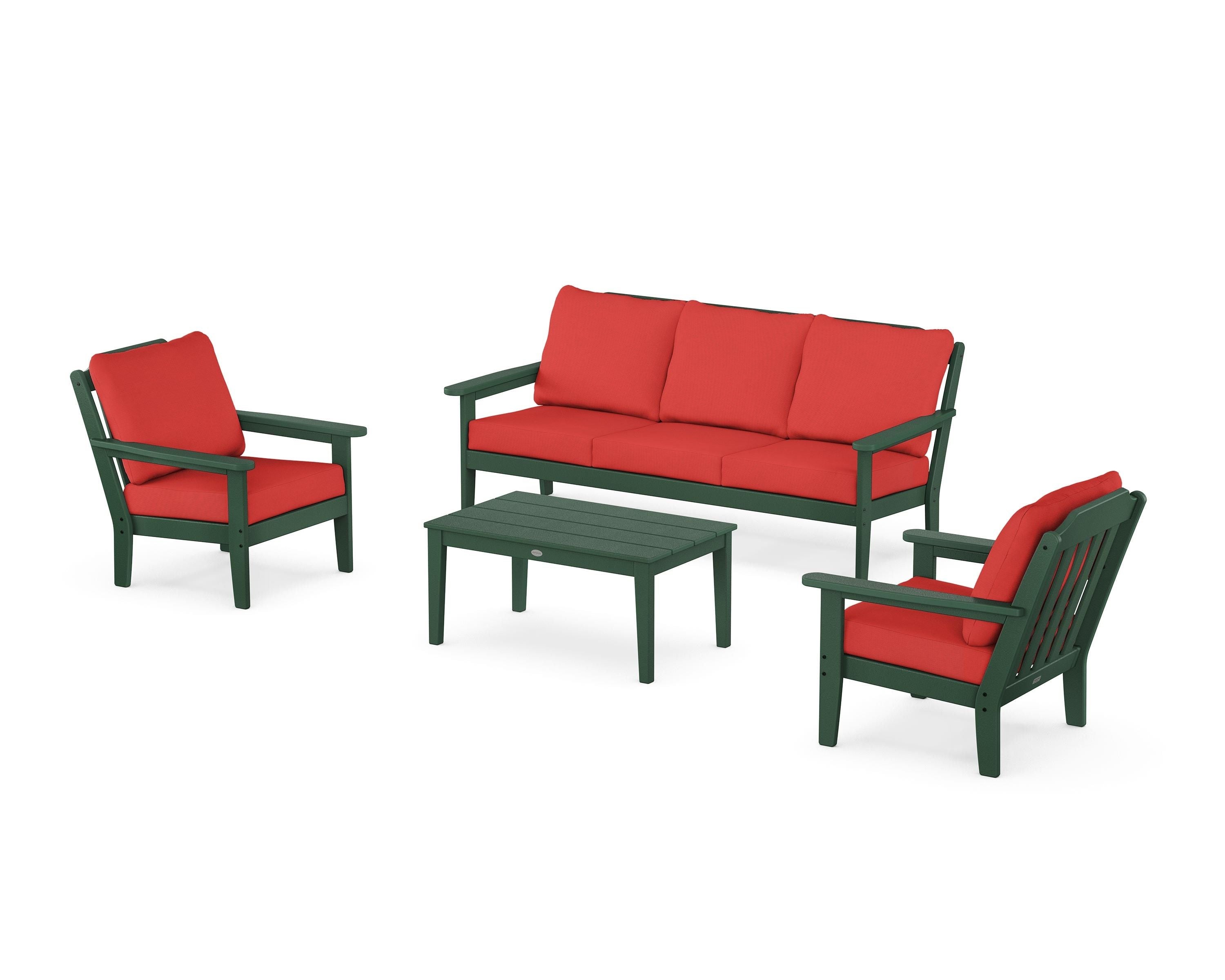 Country Living Cottage 4-Piece Deep Seating Set with Sofa in Green / Crimson Linen