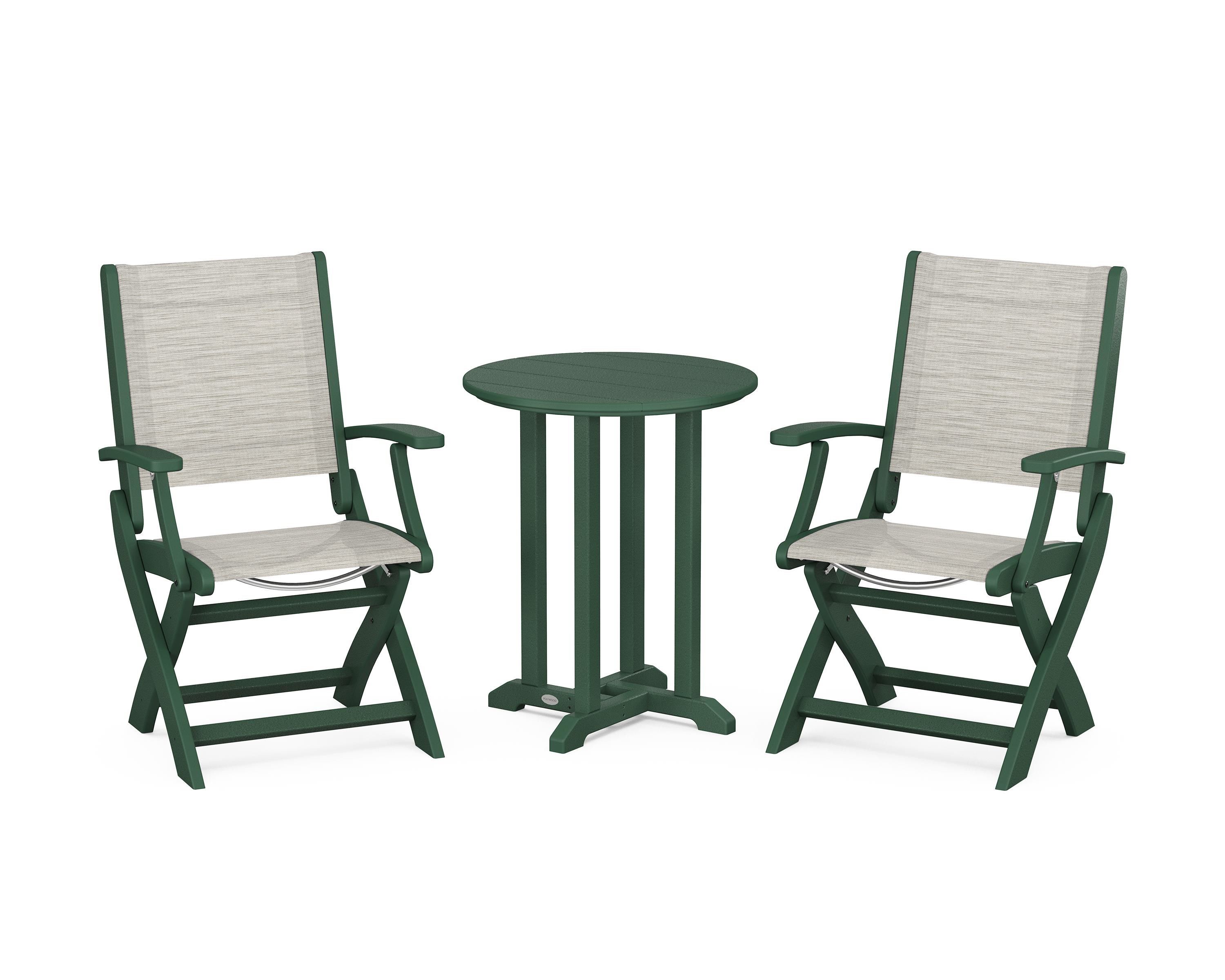 POLYWOOD Coastal Folding 3-Piece Round Bistro Dining Set in Green / Birch Sling