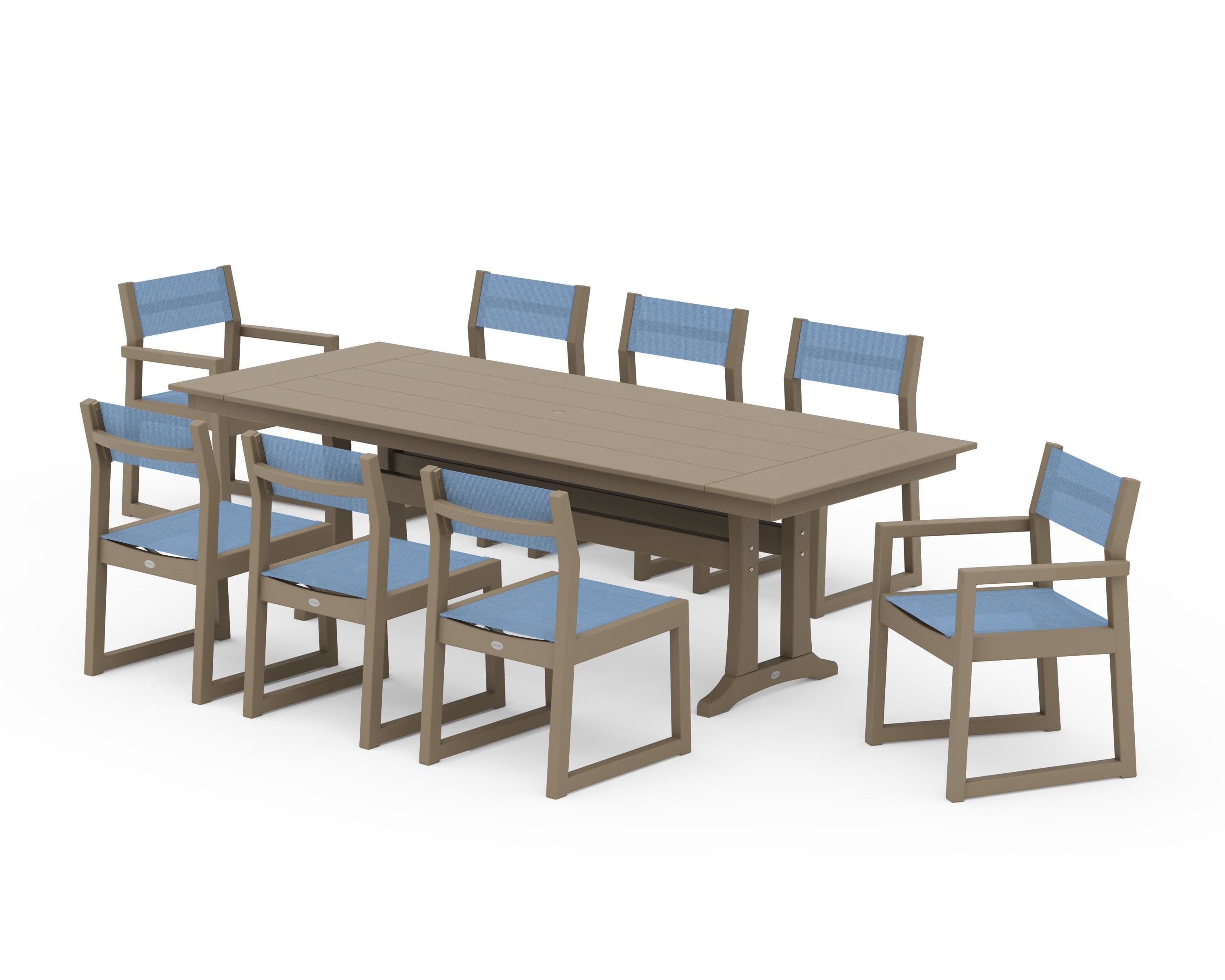 POLYWOOD EDGE Sling 9-Piece Farmhouse Trestle Dining Set in Vintage Sahara / Poolside Sling