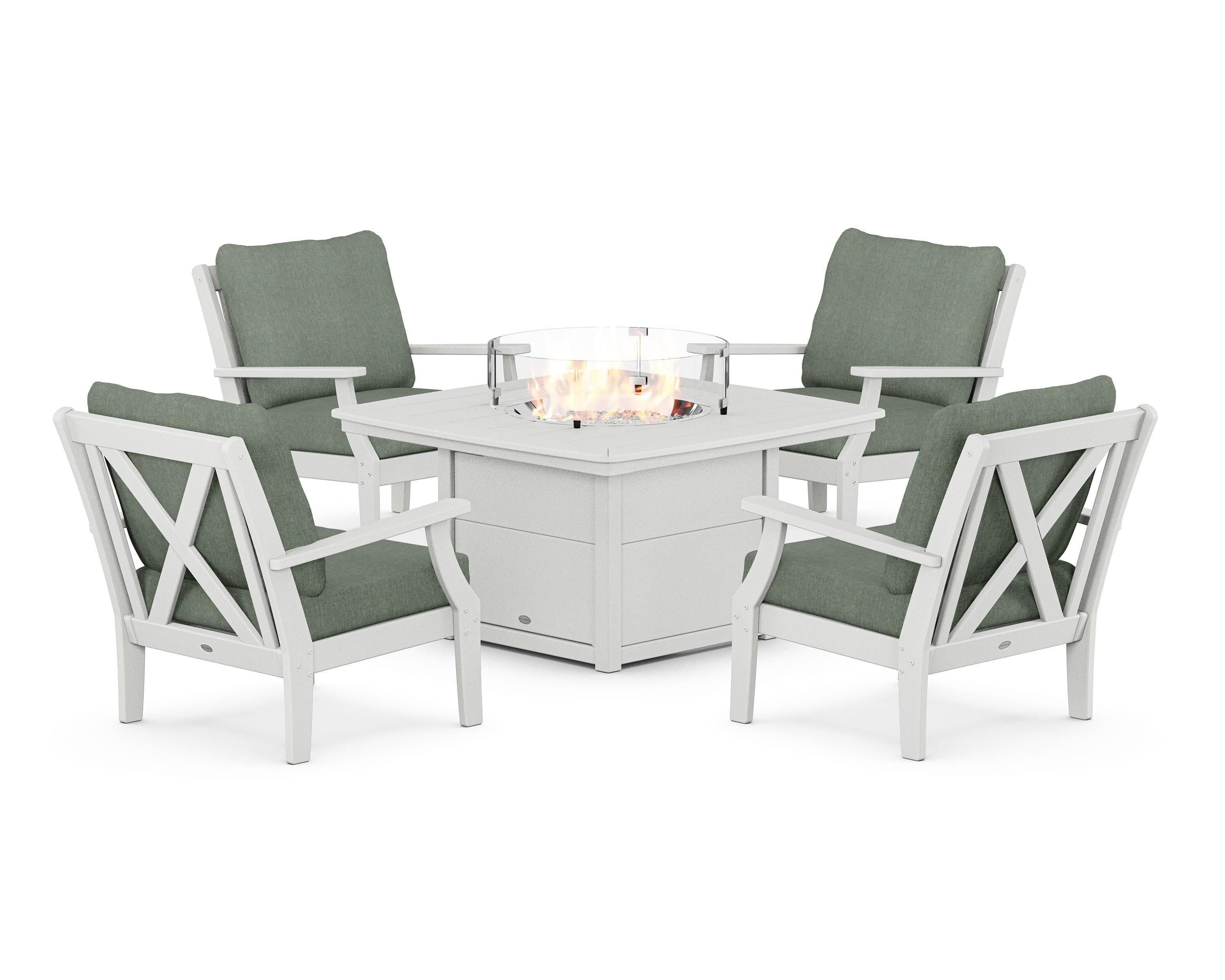 POLYWOOD Braxton 5-Piece Deep Seating Conversation Set with Fire Pit Table in White / Cast Sage