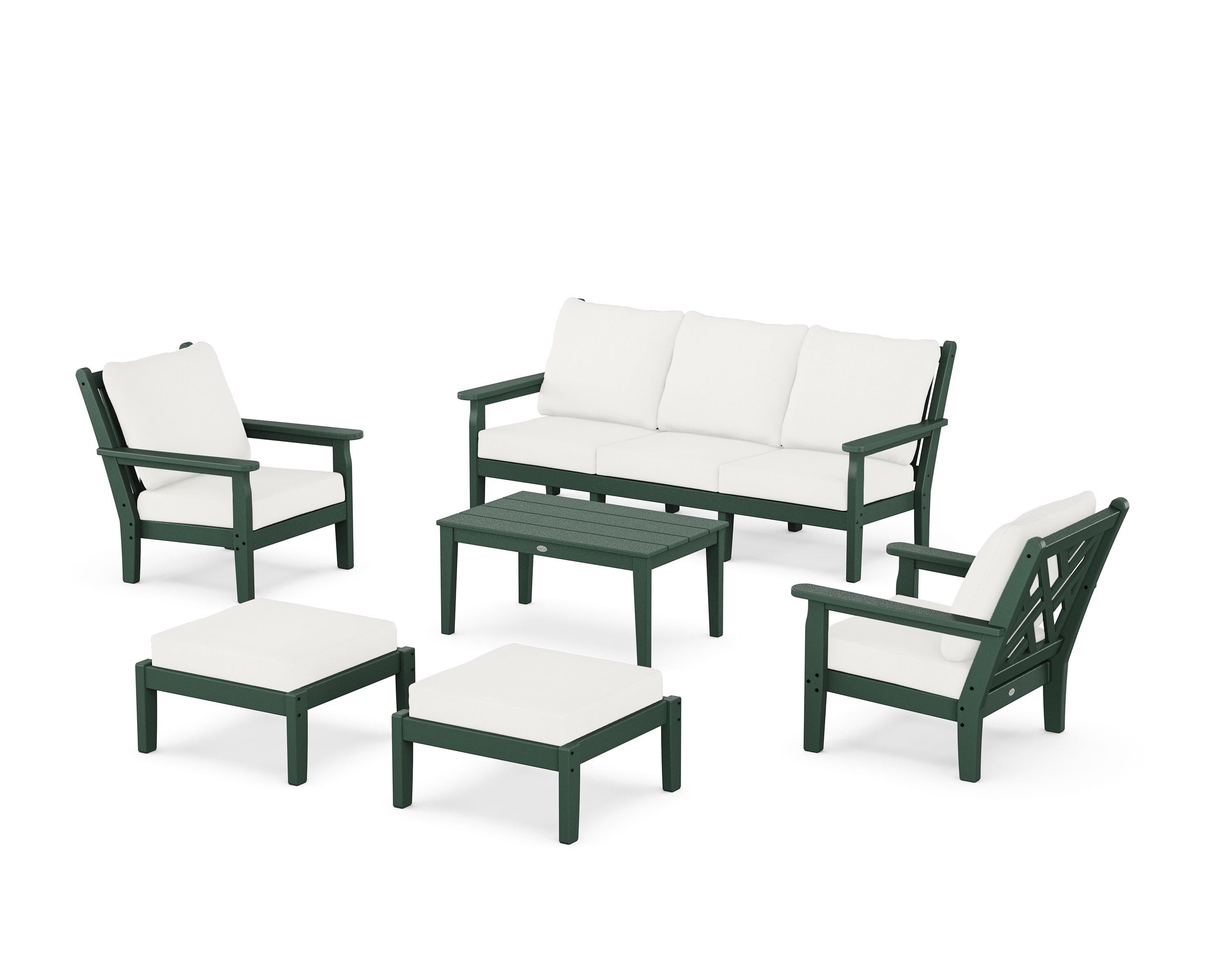 POLYWOOD Chippendale 6-Piece Lounge Sofa Set in Green / Natural Linen