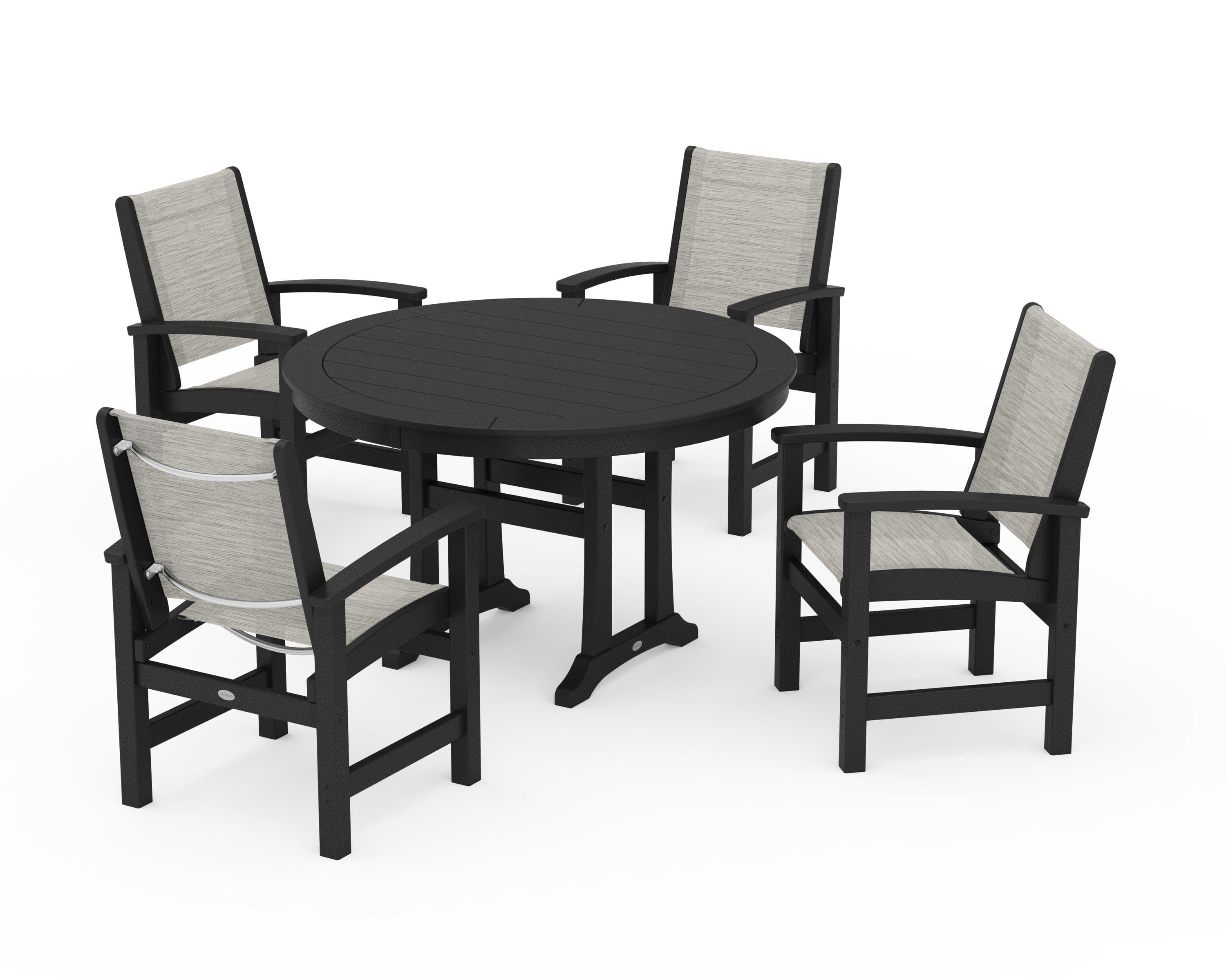 POLYWOOD Coastal 5-Piece Round Dining Set with Trestle Legs in Black / Birch Sling