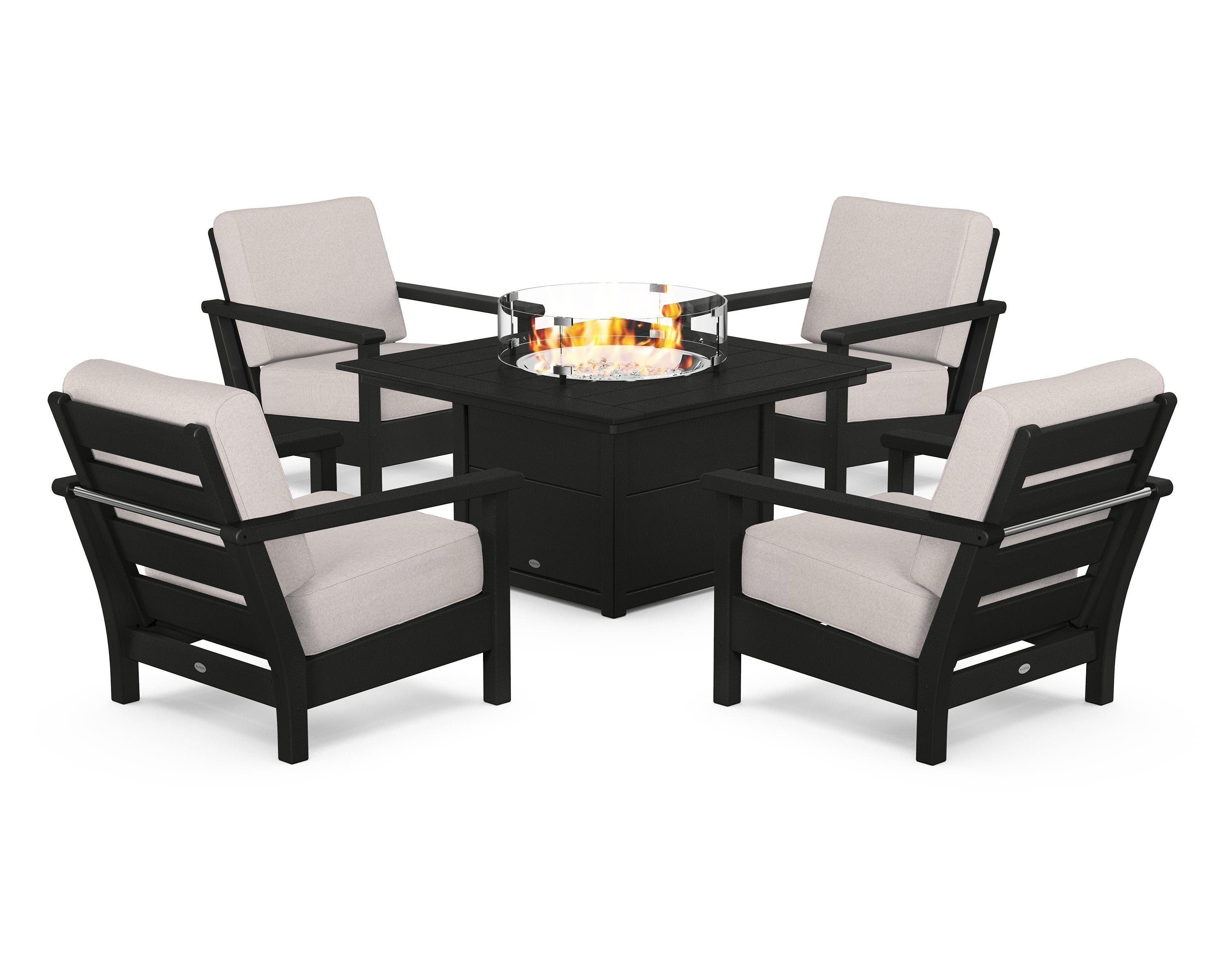 POLYWOOD Harbour 5-Piece Conversation Set with Fire Pit Table in Black / Dune Burlap