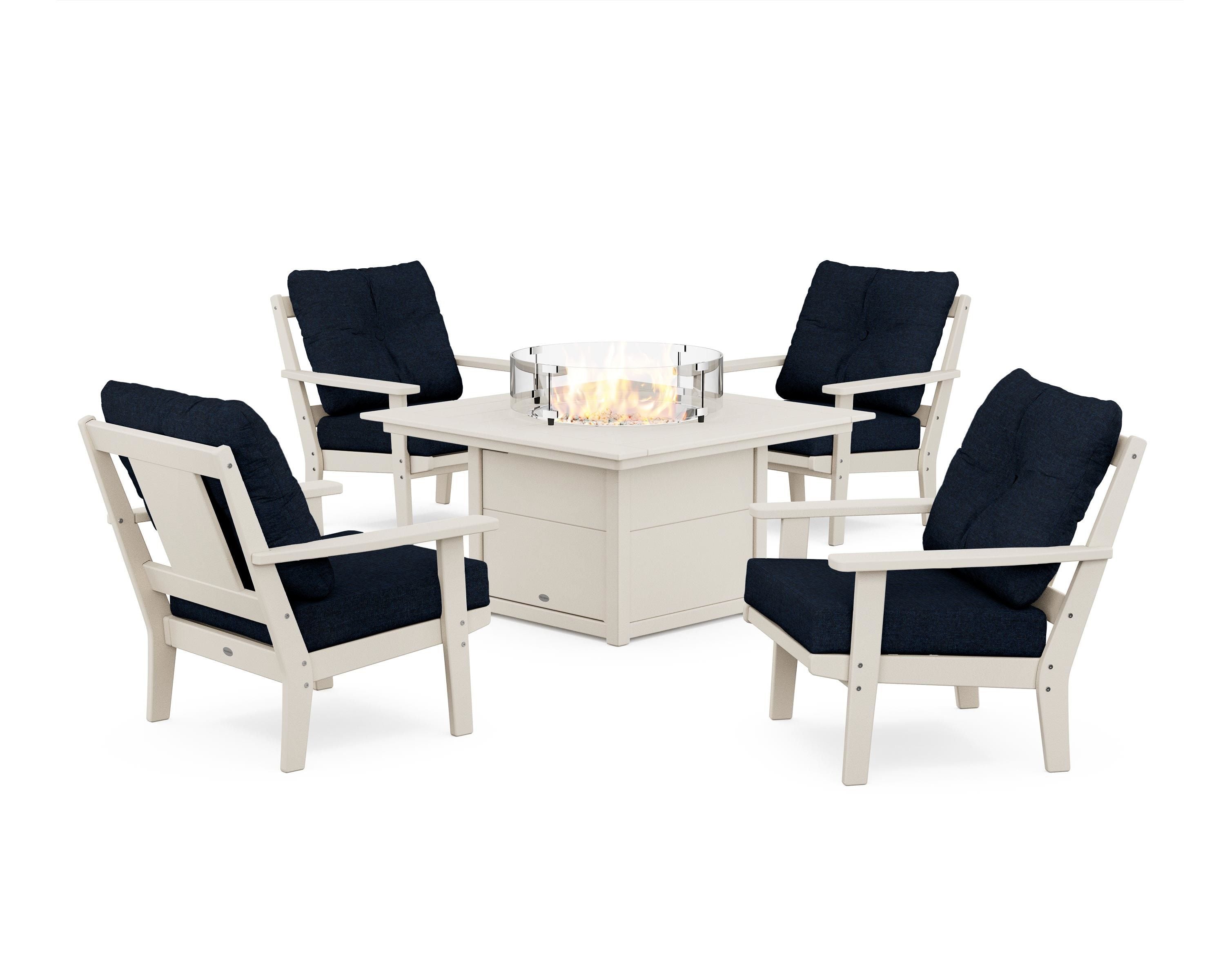 POLYWOOD Prairie 5-Piece Deep Seating Set with Fire Pit Table in Sand / Marine Indigo