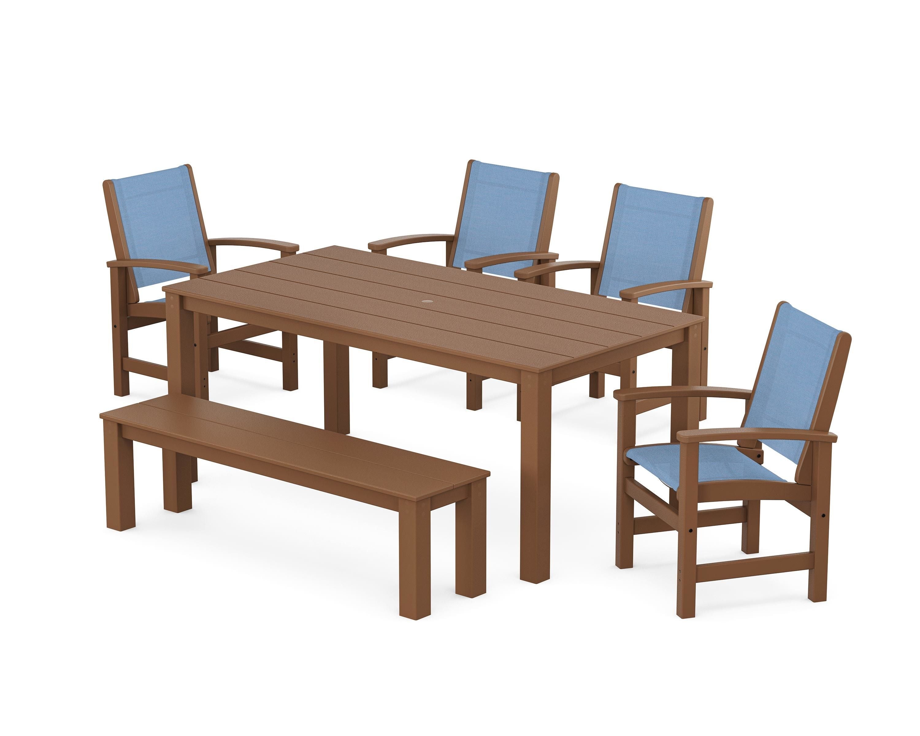 POLYWOOD Coastal 6-Piece Parsons Dining Set with Bench in Teak / Poolside Sling