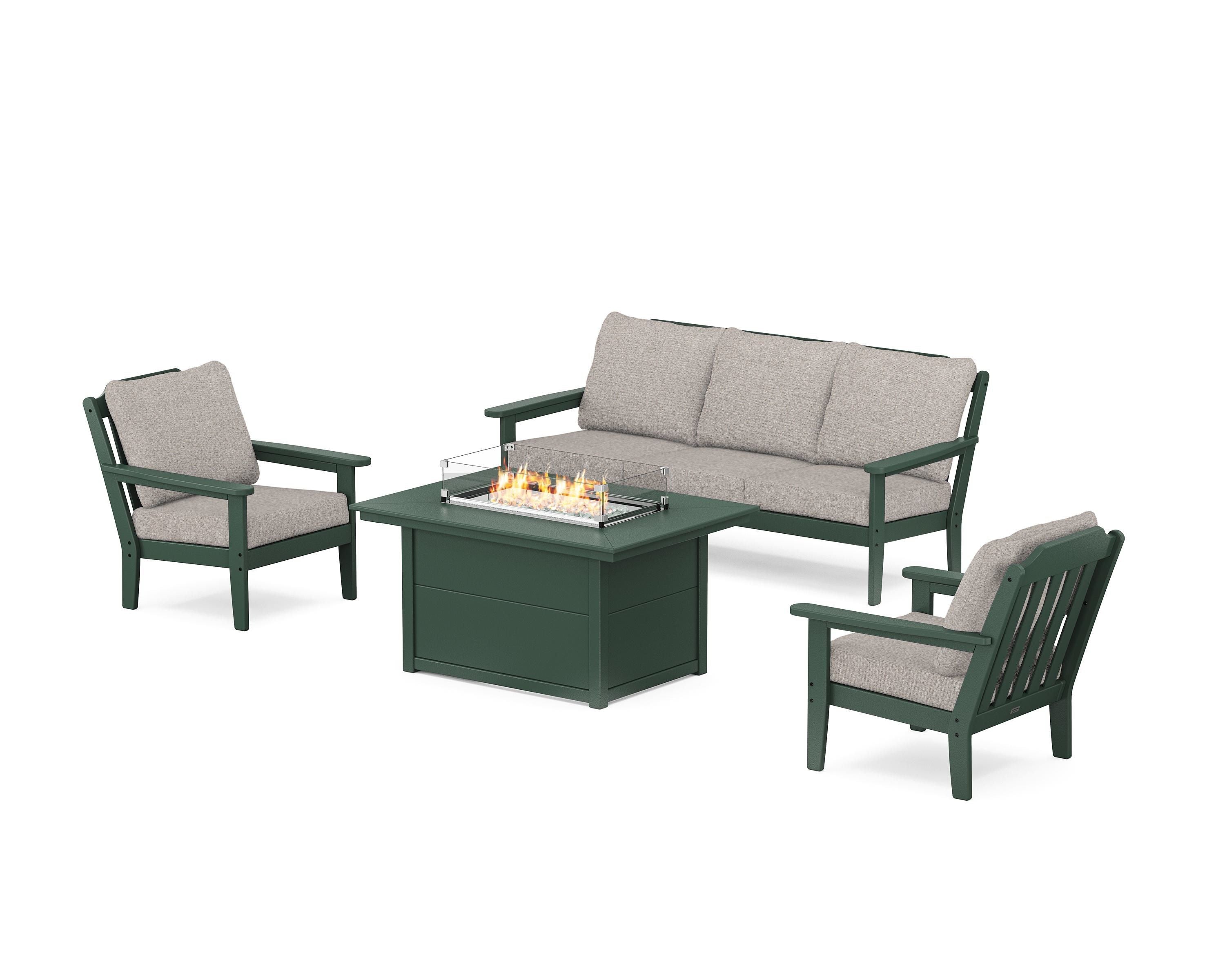 Country Living Cottage Deep Seating Fire Pit Table Set in Green / Weathered Tweed