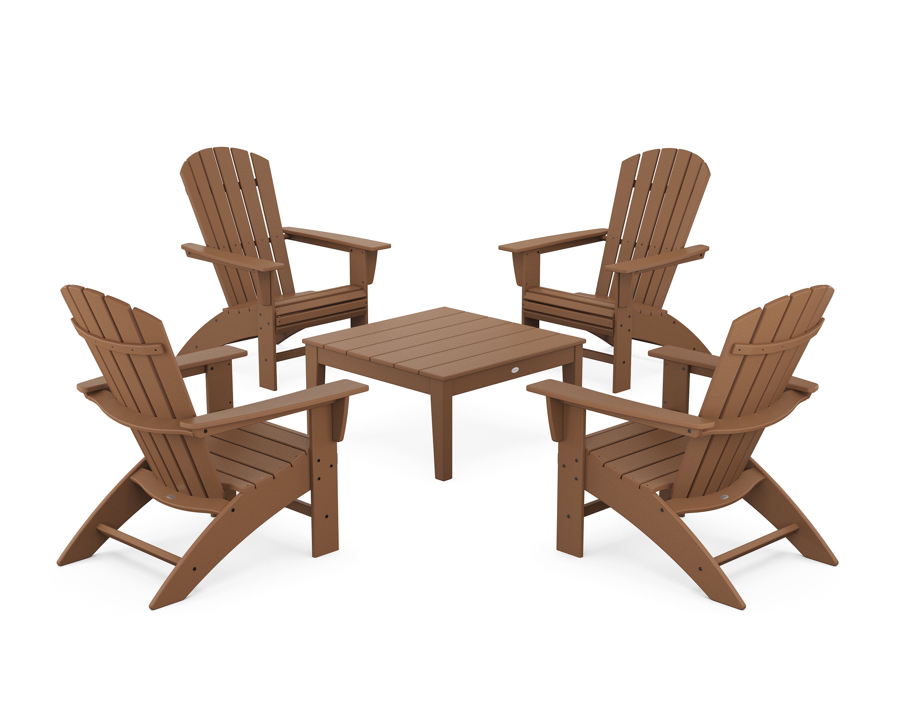 POLYWOOD 5-Piece Nautical Curveback Adirondack Chair Conversation Set with 36" Conversation Table in Teak