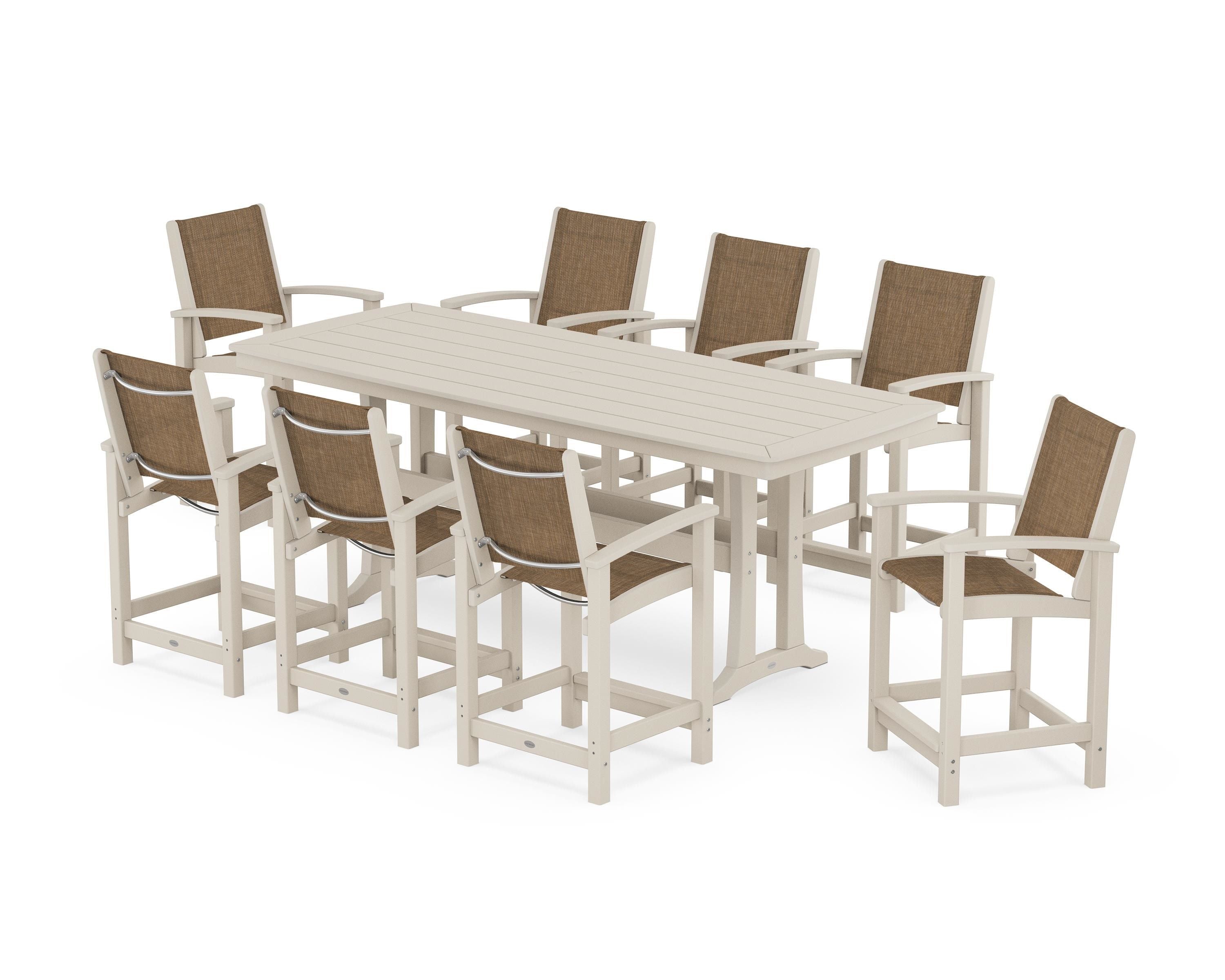 POLYWOOD Coastal 9-Piece Counter Set with Trestle Legs in Sand / Burlap Sling