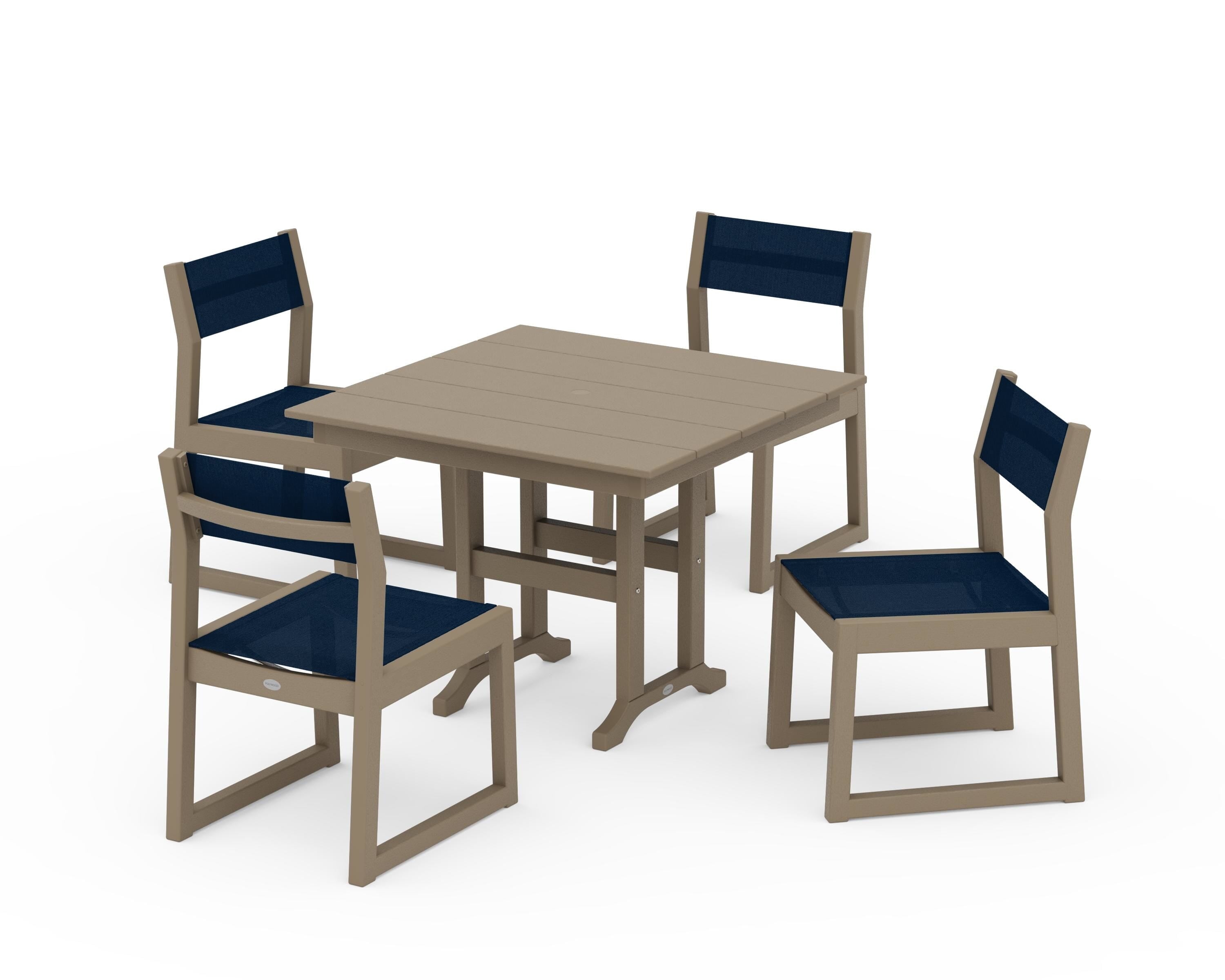 POLYWOOD EDGE Sling Side Chair 5-Piece Farmhouse Dining Set in Vintage Sahara / Navy Blue Sling