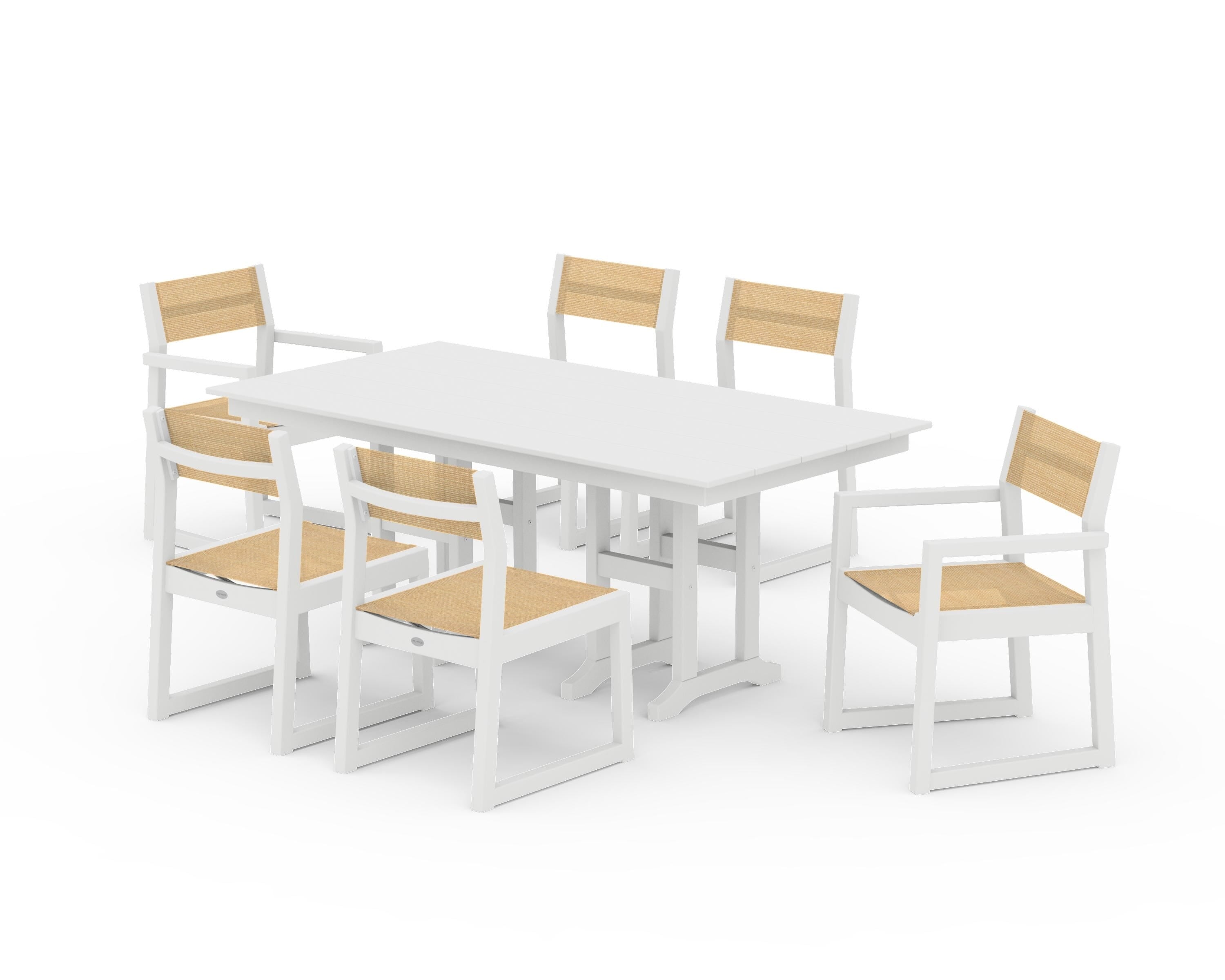 POLYWOOD EDGE Sling 7-Piece Farmhouse Dining Set in White / Dupioni Apricot Sling