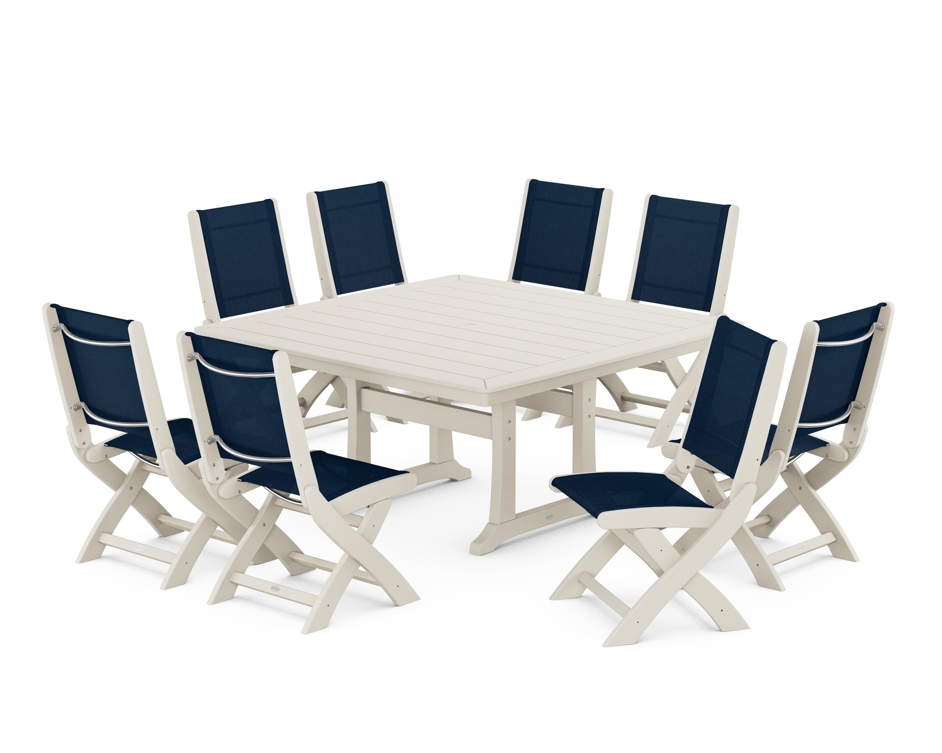 POLYWOOD Coastal Folding Side Chair 9-Piece Dining Set with Trestle Legs in Sand / Navy Blue Sling