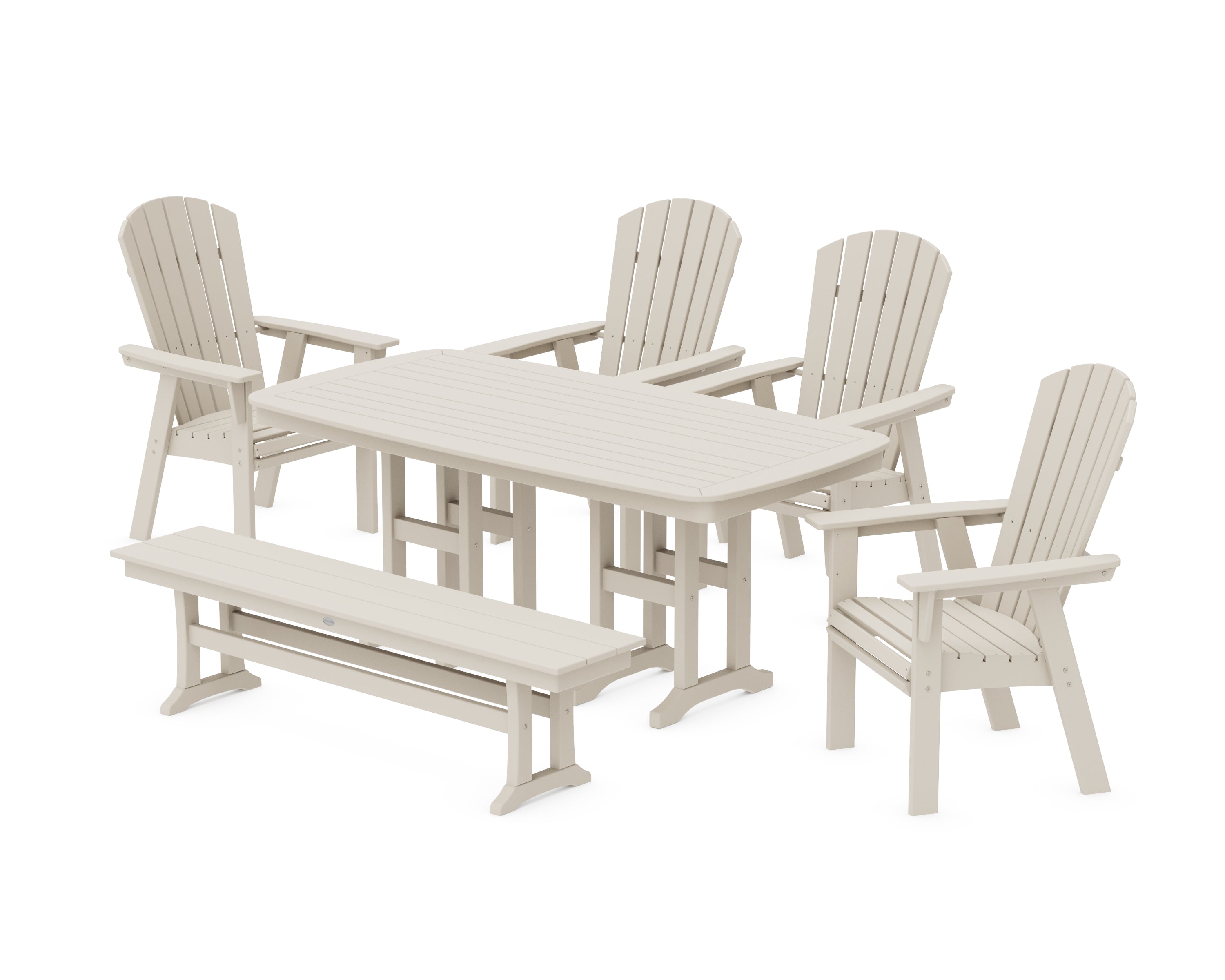 POLYWOOD Nautical Curveback Adirondack 6-Piece Dining Set with Bench in Sand