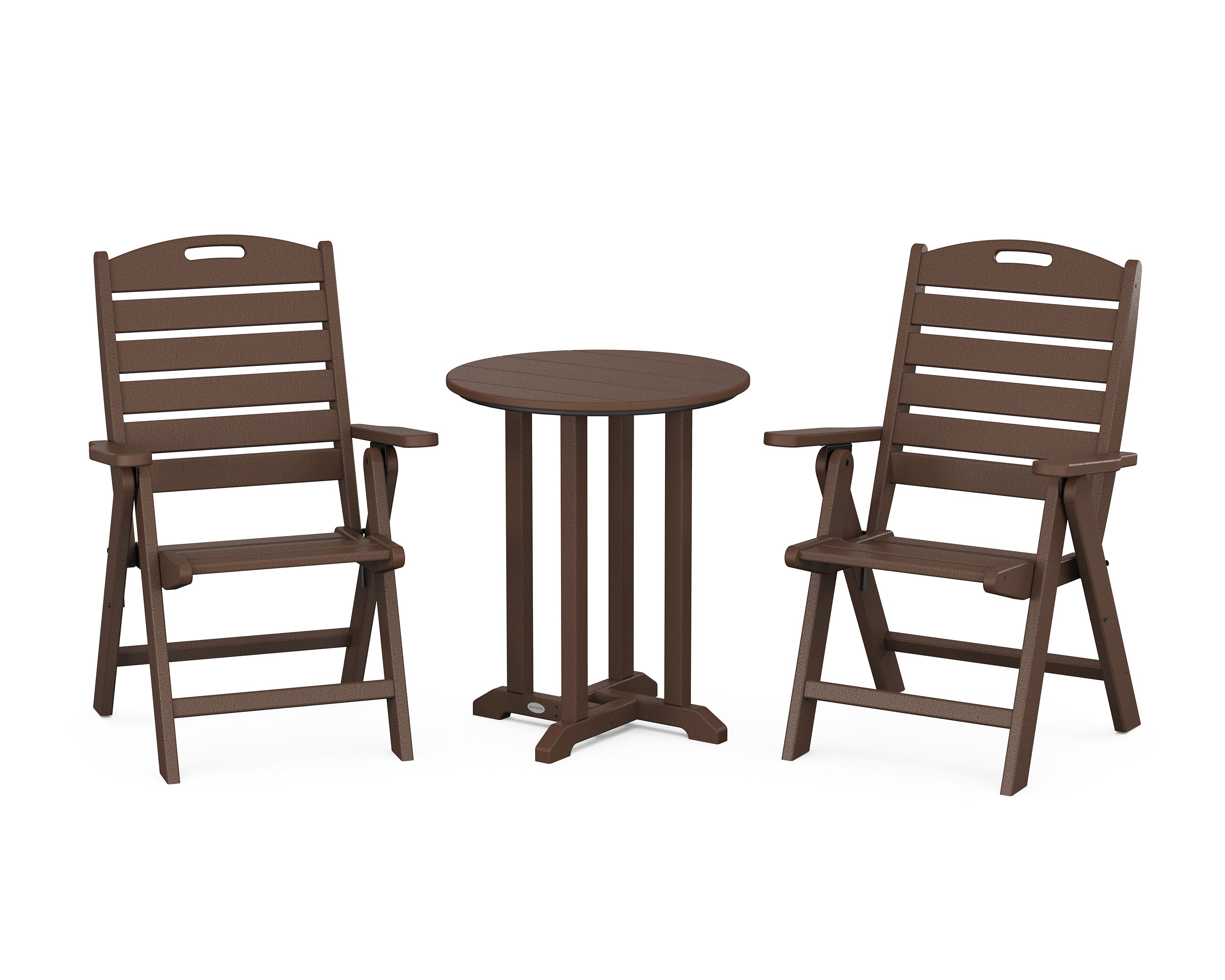 POLYWOOD Nautical Folding Highback Chair 3-Piece Round Bistro Dining Set in Mahogany