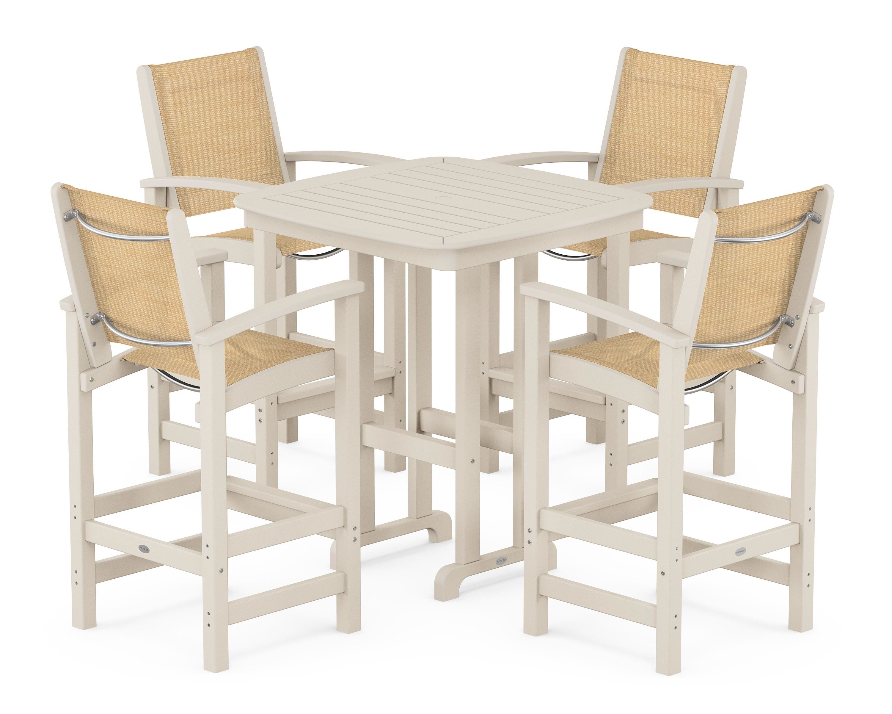 POLYWOOD Coastal 5-Piece Bar Set in Sand / Dupioni Apricot Sling