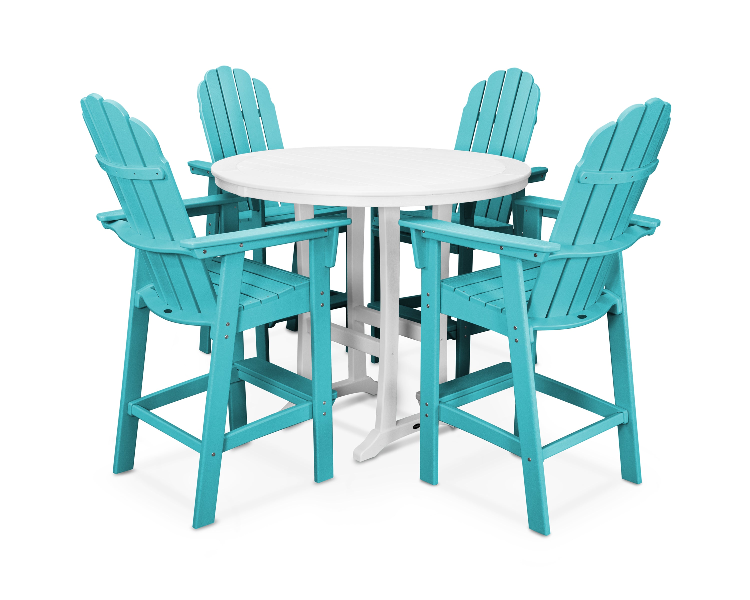 POLYWOOD® Vineyard Curveback Adirondack 5-Piece Nautical Trestle Bar Set in Aruba / White