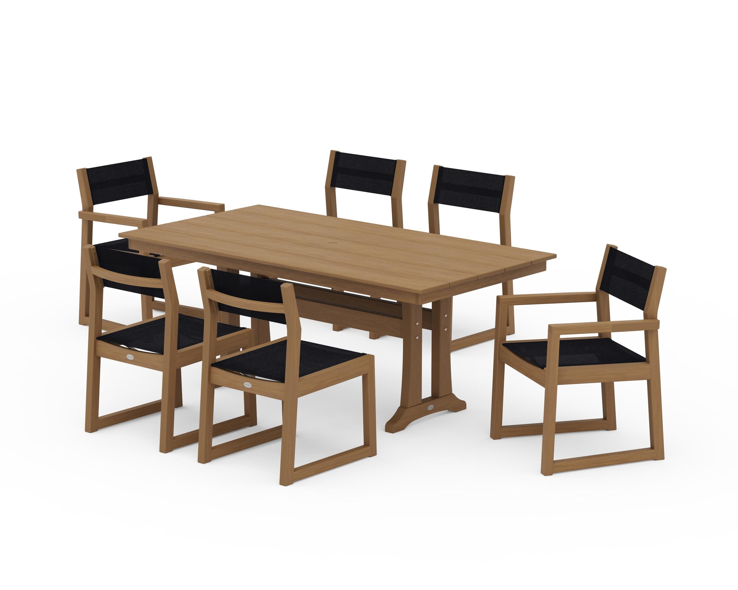 POLYWOOD EDGE Sling 7-Piece Farmhouse Trestle Dining Set in Natural / Black Sling