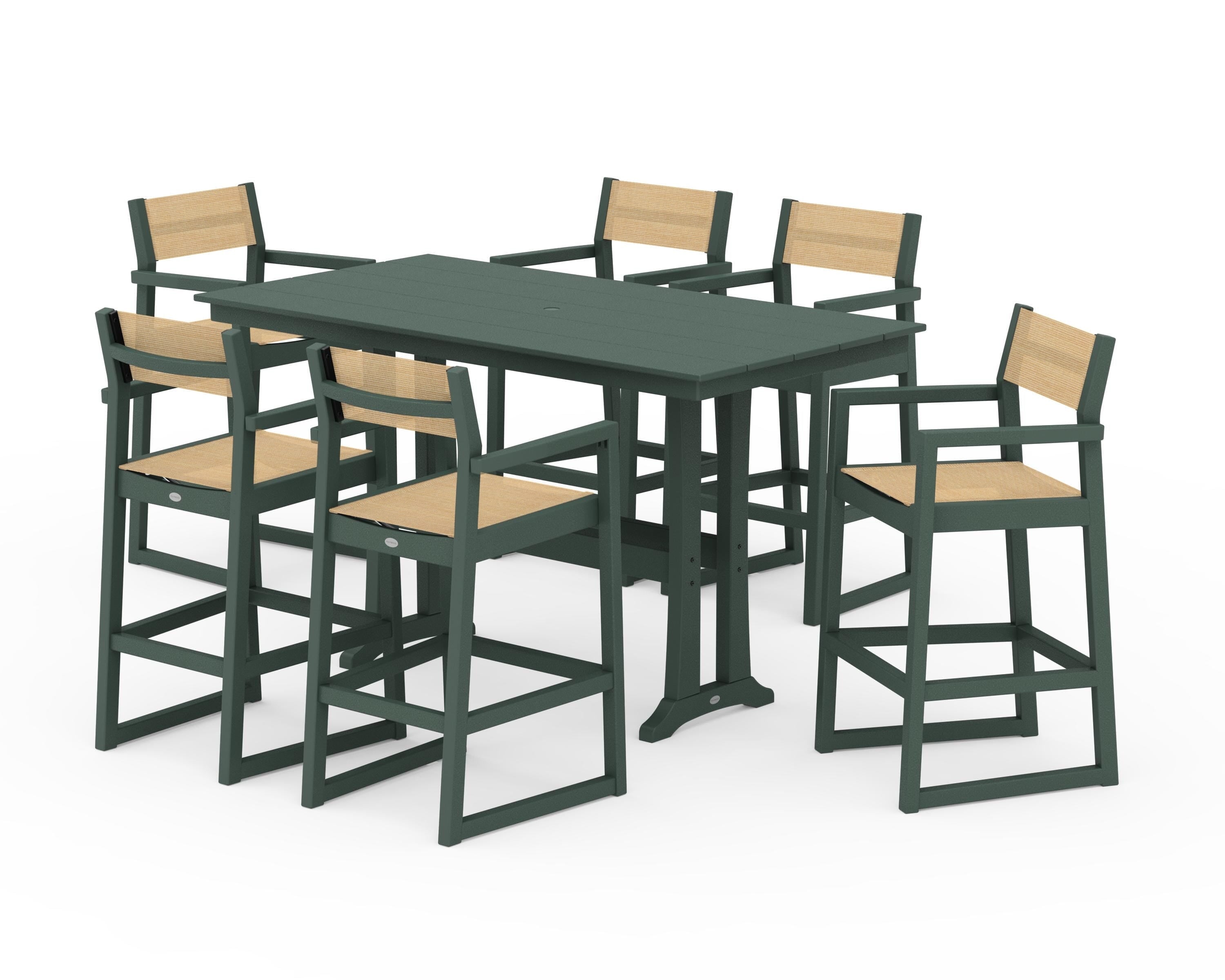 POLYWOOD EDGE Sling Arm Chair 7-Piece Farmhouse Bar Set with Trestle Legs in Green / Dupioni Apricot Sling