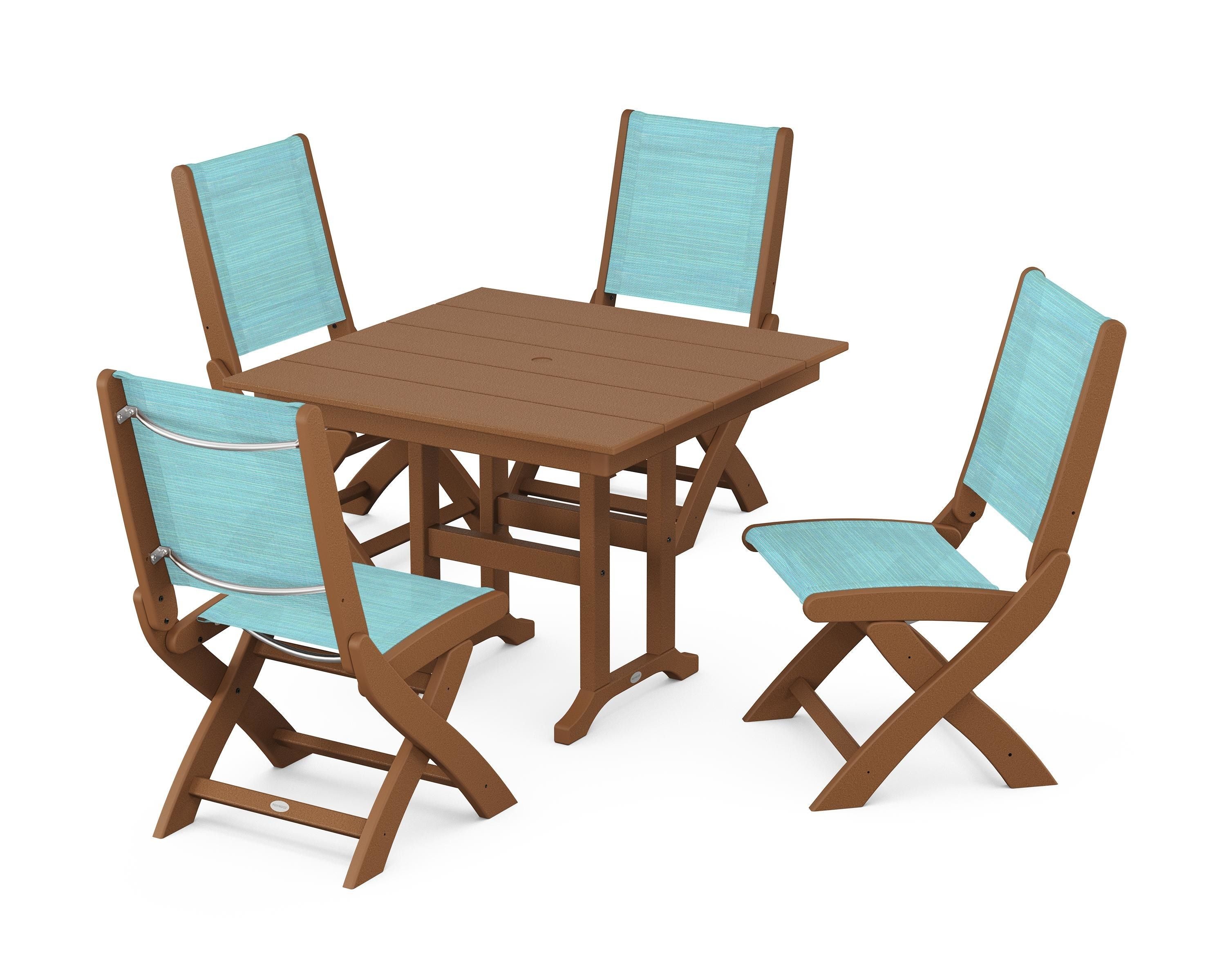 POLYWOOD Coastal Folding Side Chair 5-Piece Farmhouse Dining Set in Teak / Dupioni Aquamarine Sling