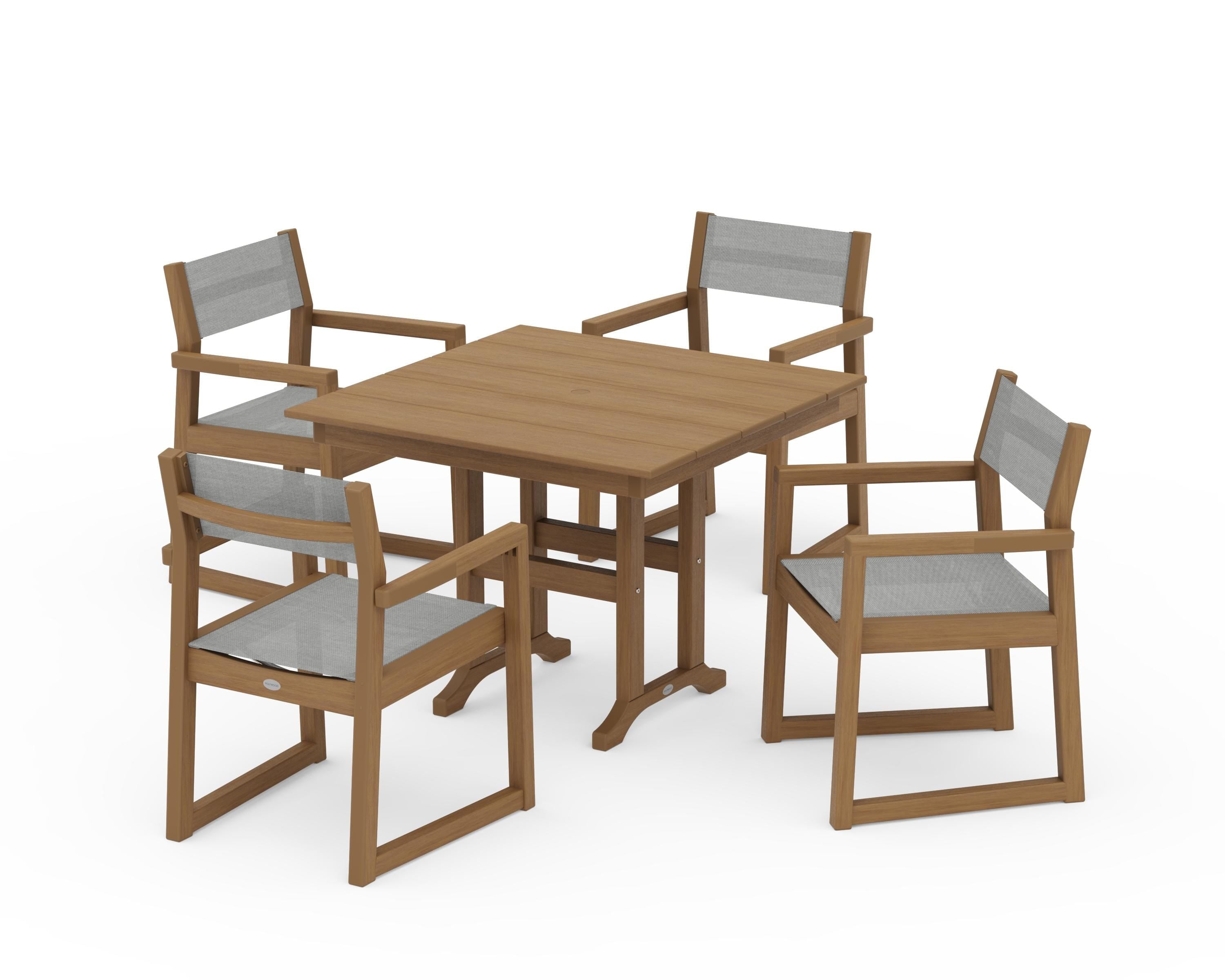 POLYWOOD EDGE Sling Arm Chair 5-Piece Farmhouse Dining Set in Natural / Metallic Sling
