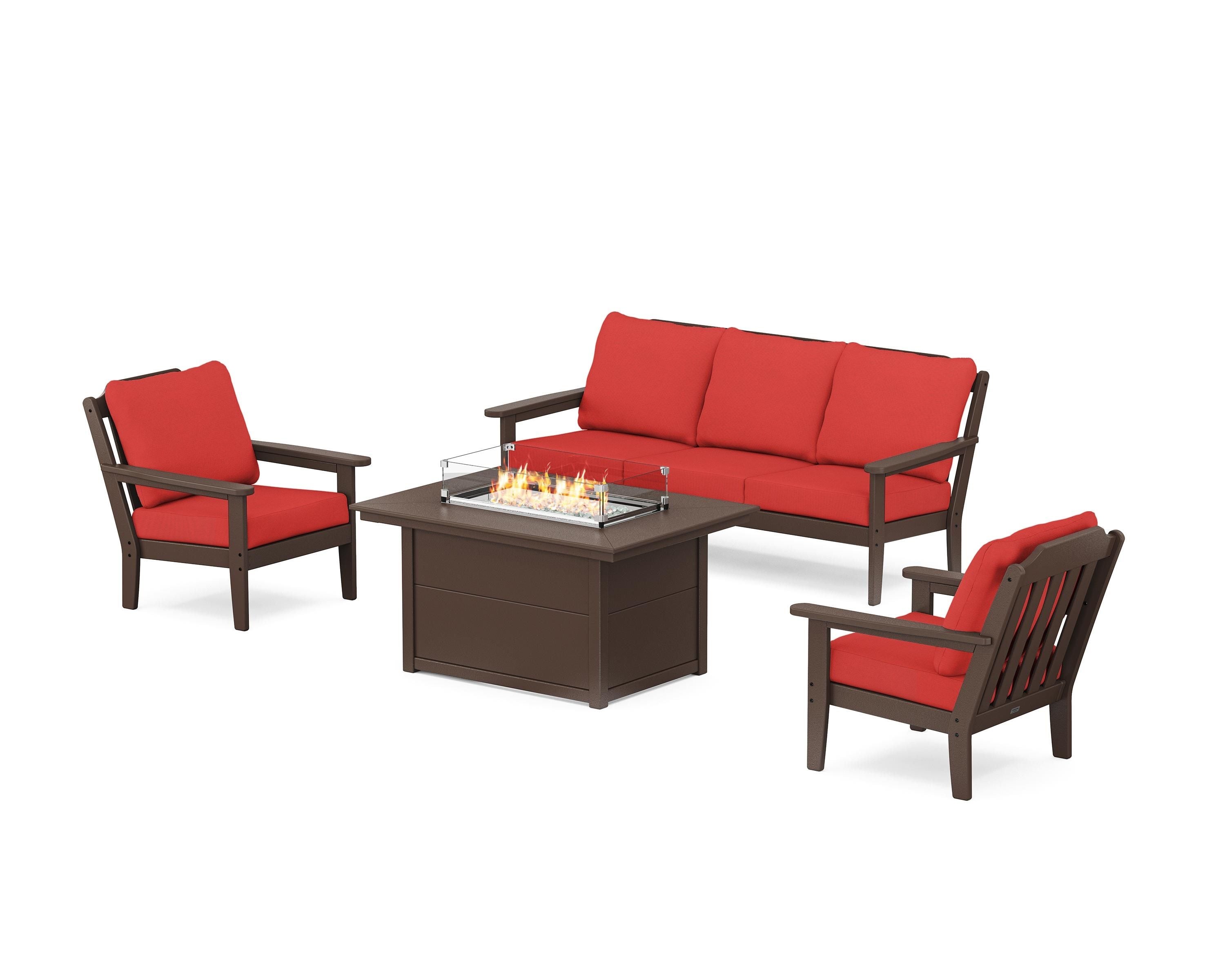 Country Living Cottage Deep Seating Fire Pit Table Set in Mahogany / Crimson Linen