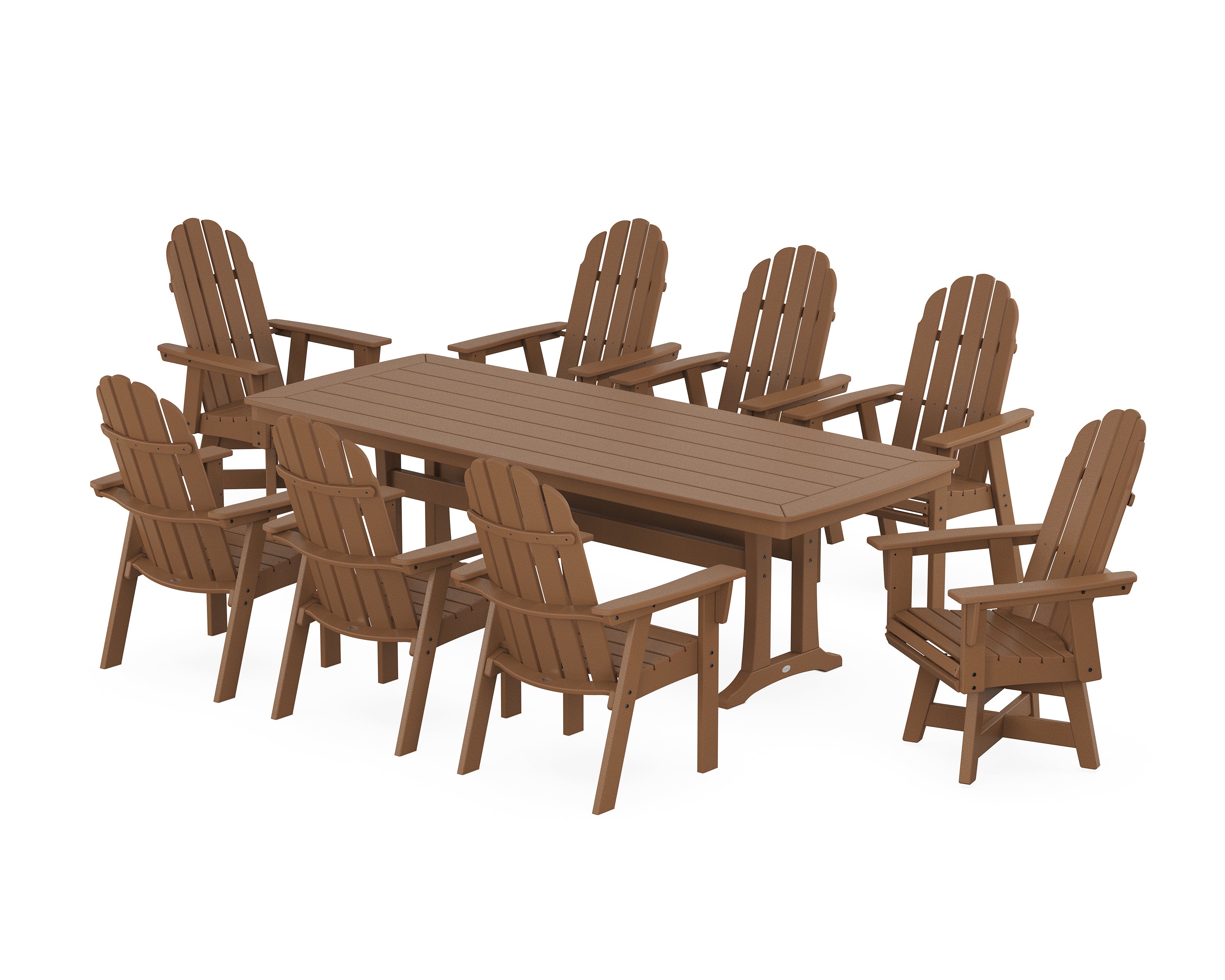 POLYWOOD® Vineyard Curveback Adirondack Swivel 9-Piece Dining Set with Trestle Legs in Teak
