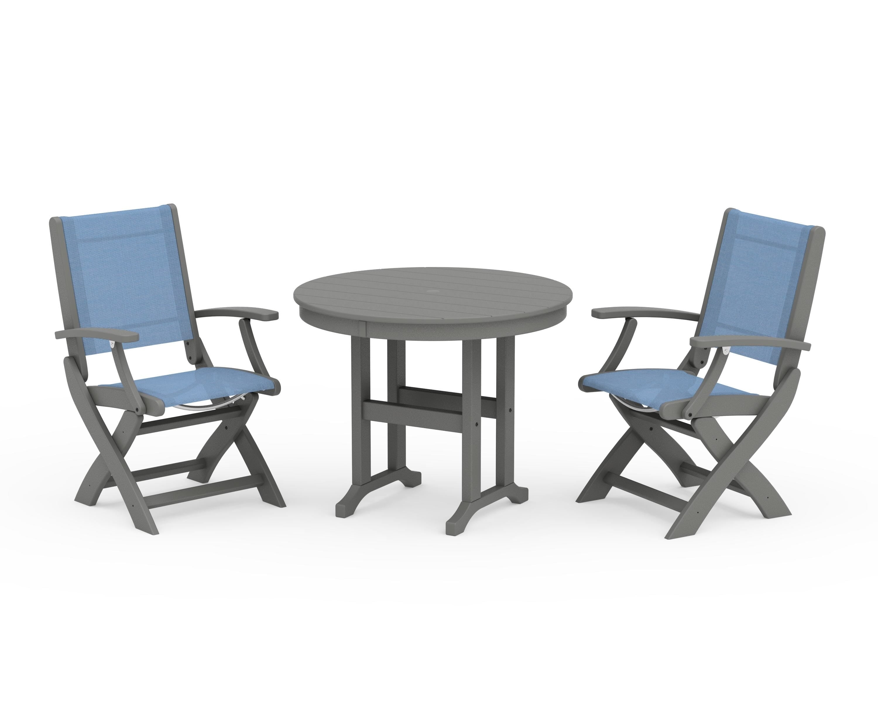 POLYWOOD Coastal Folding Chair 3-Piece Round Dining Set in Slate Grey / Poolside Sling