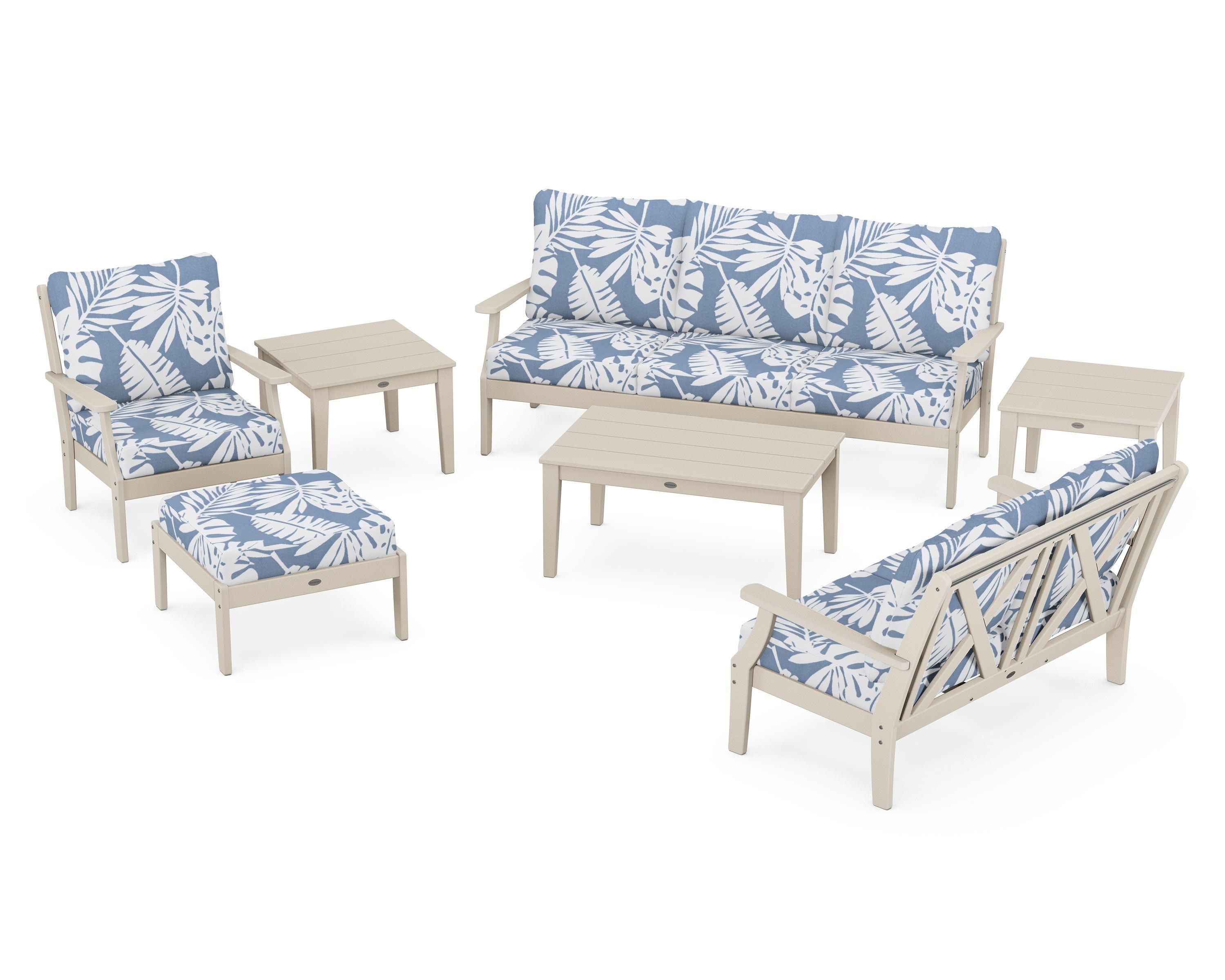 POLYWOOD Braxton 7-Piece Deep Seating Set in Sand / Leaf Sky Blue