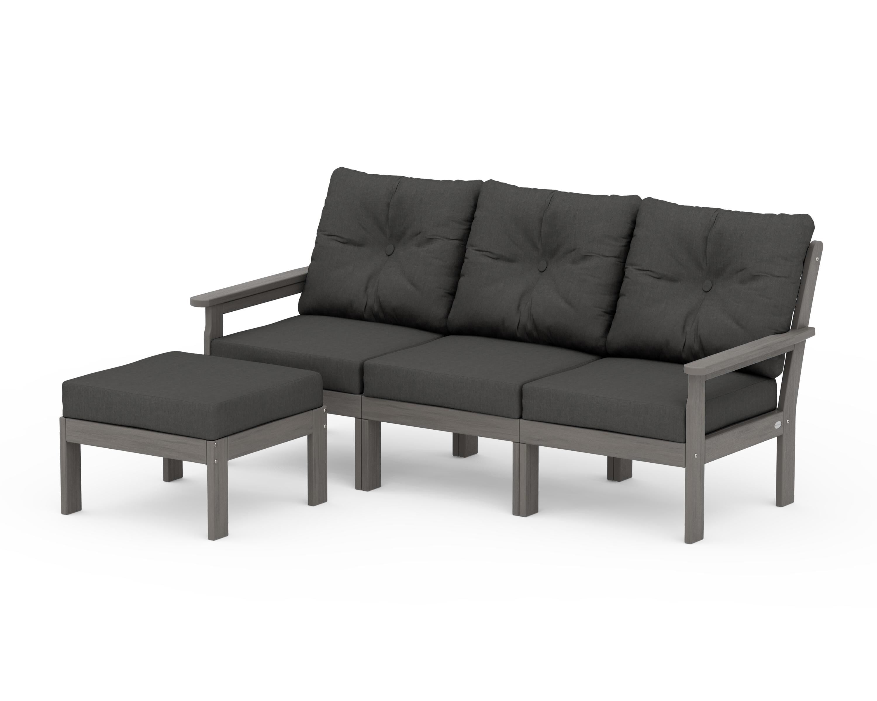 POLYWOOD Vineyard 4-Piece Sectional with Ottoman in Driftwood / Spectrum Carbon