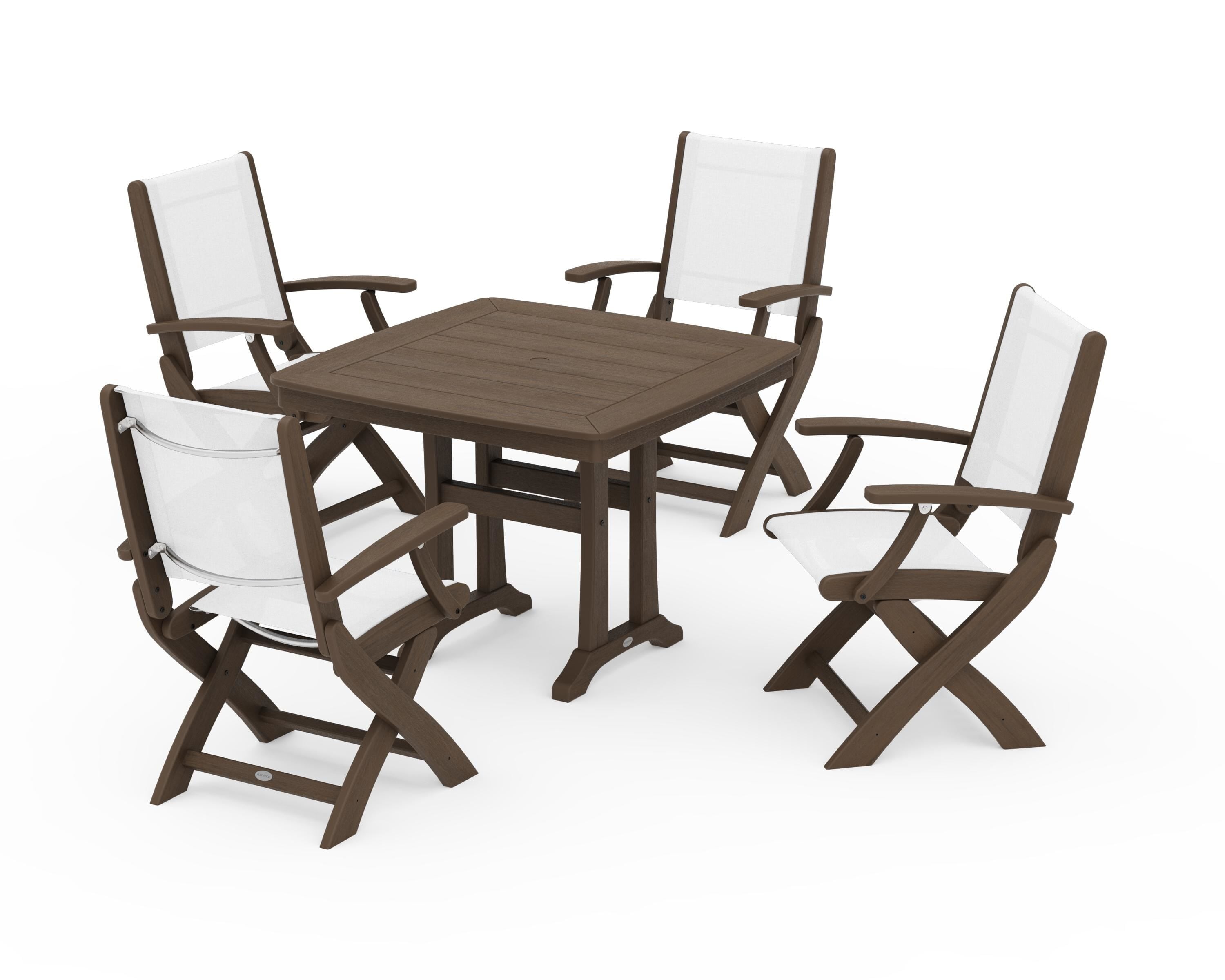 POLYWOOD Coastal Folding Chair 5-Piece Dining Set with Trestle Legs in Kona / White Sling