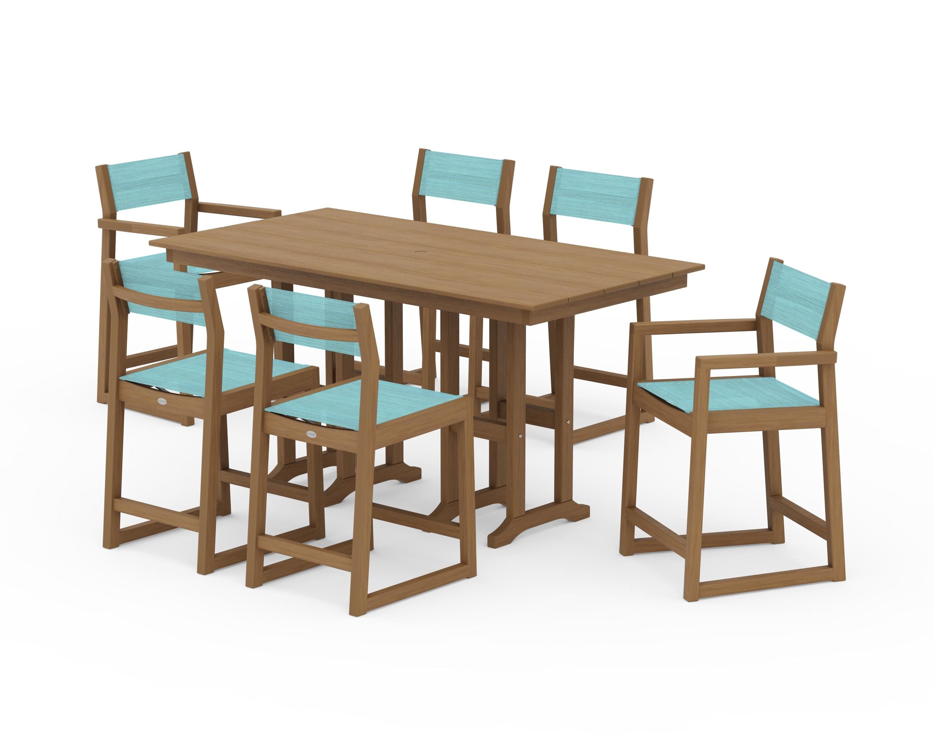 POLYWOOD EDGE Sling 7-Piece Farmhouse Counter Set with Trestle Legs in Natural / Dupioni Aquamarine Sling