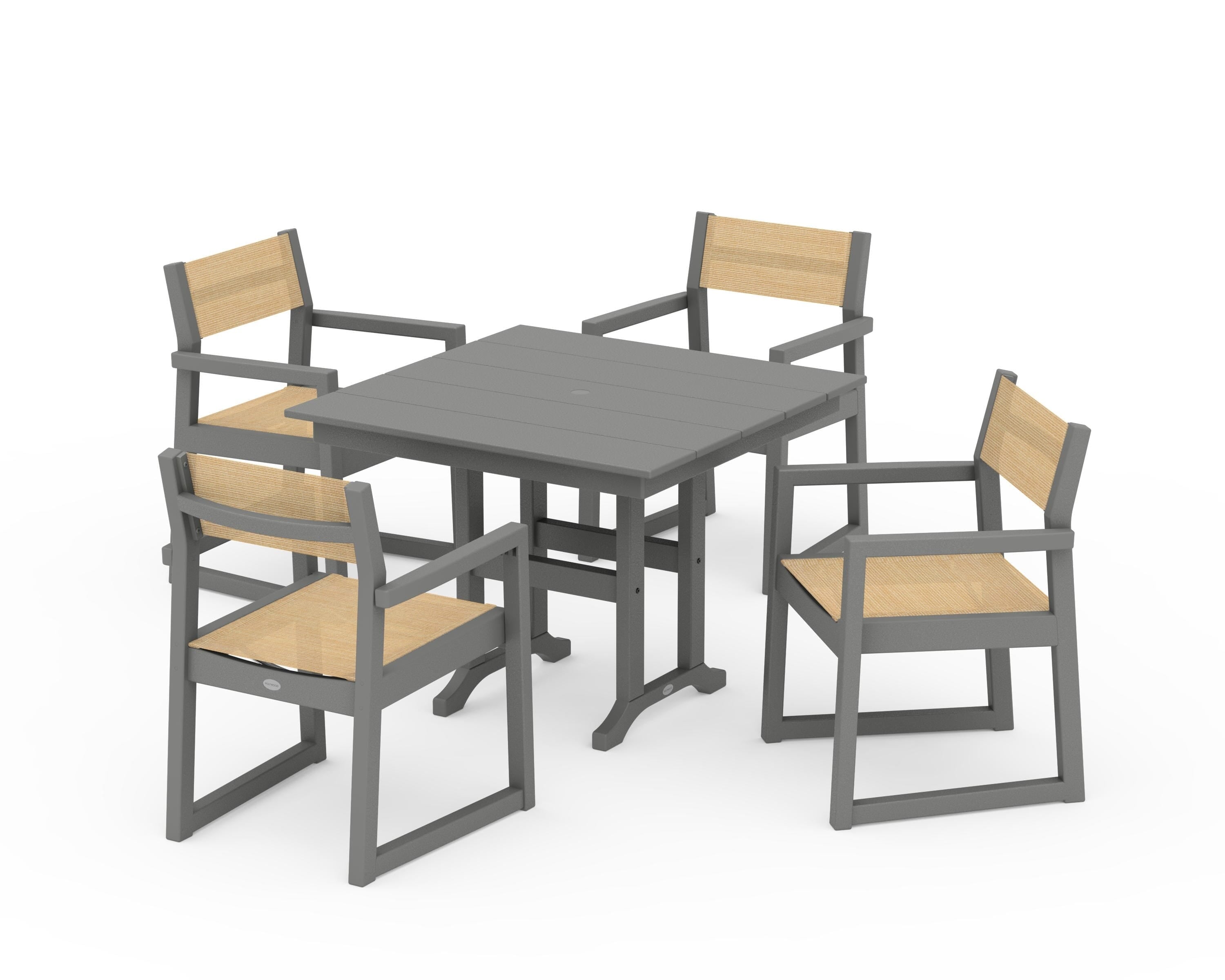 POLYWOOD EDGE Sling Arm Chair 5-Piece Farmhouse Dining Set in Slate Grey / Dupioni Apricot Sling