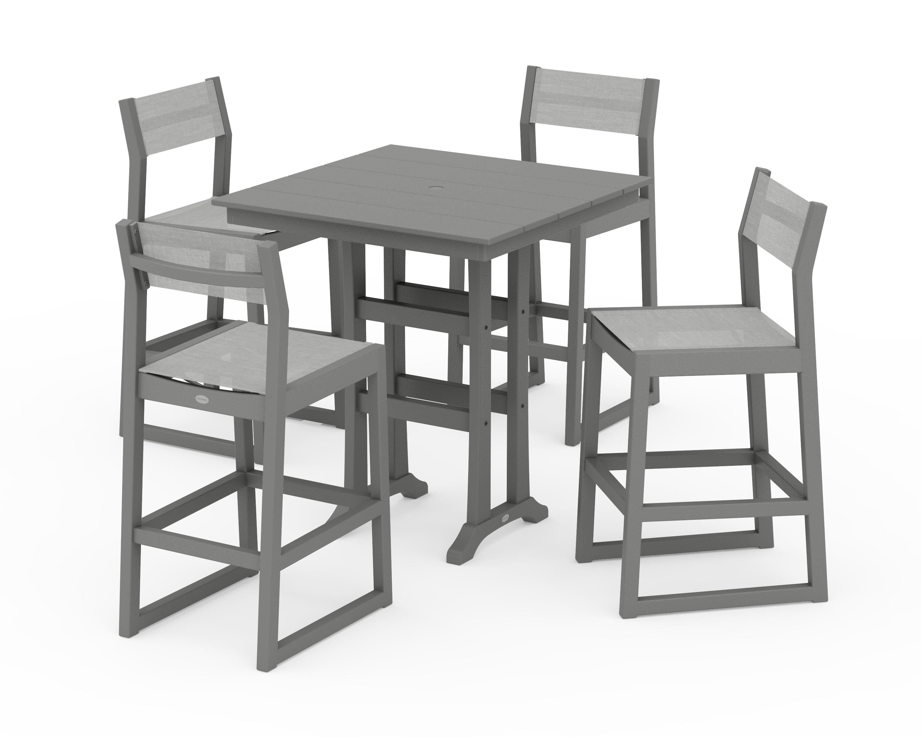 POLYWOOD EDGE Sling Arm Chair 5-Piece Farmhouse Bar Set with Trestle Legs in Slate Grey / Metallic Sling