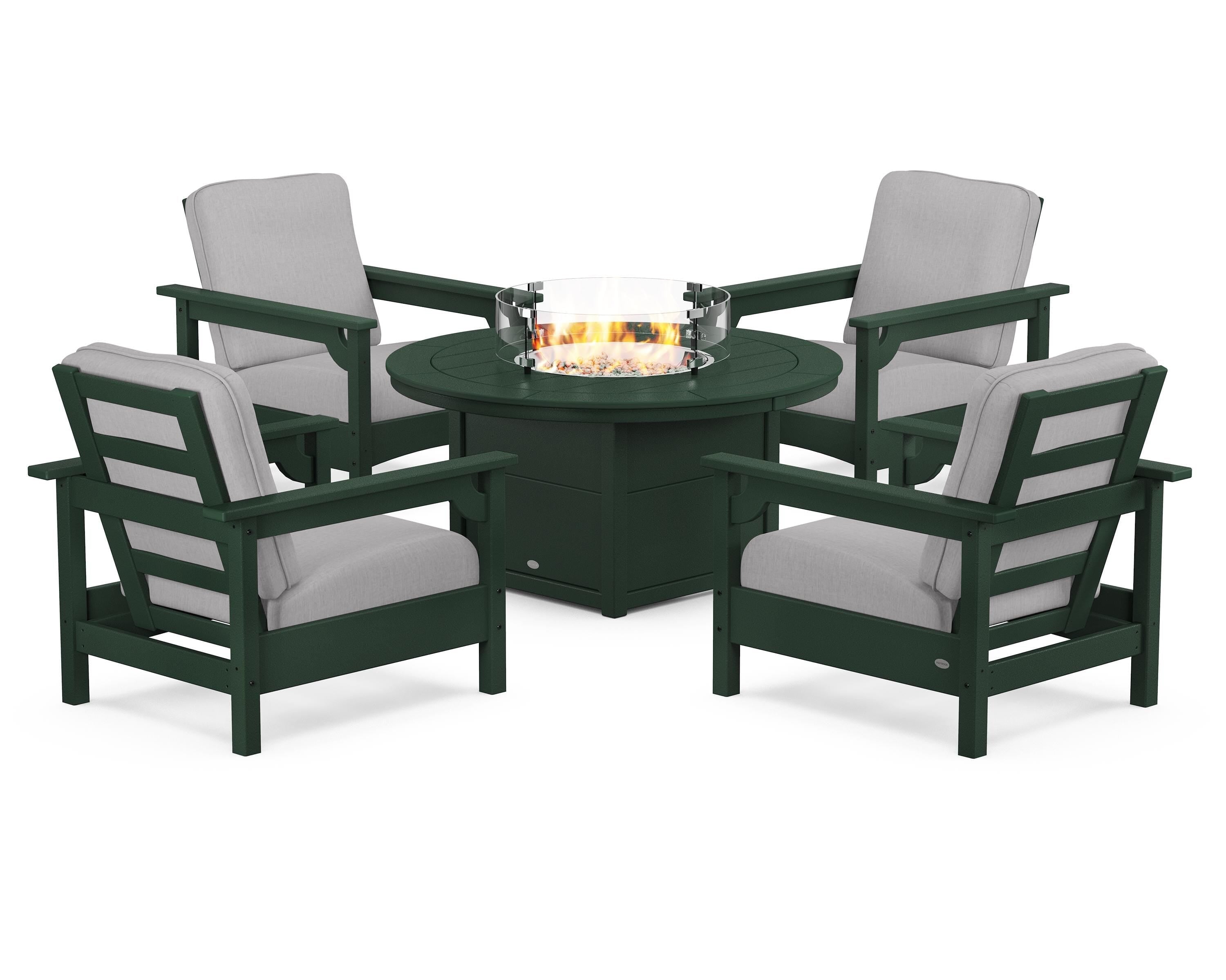 POLYWOOD Club 5-Piece Conversation Set with Fire Pit Table in Green / Granite