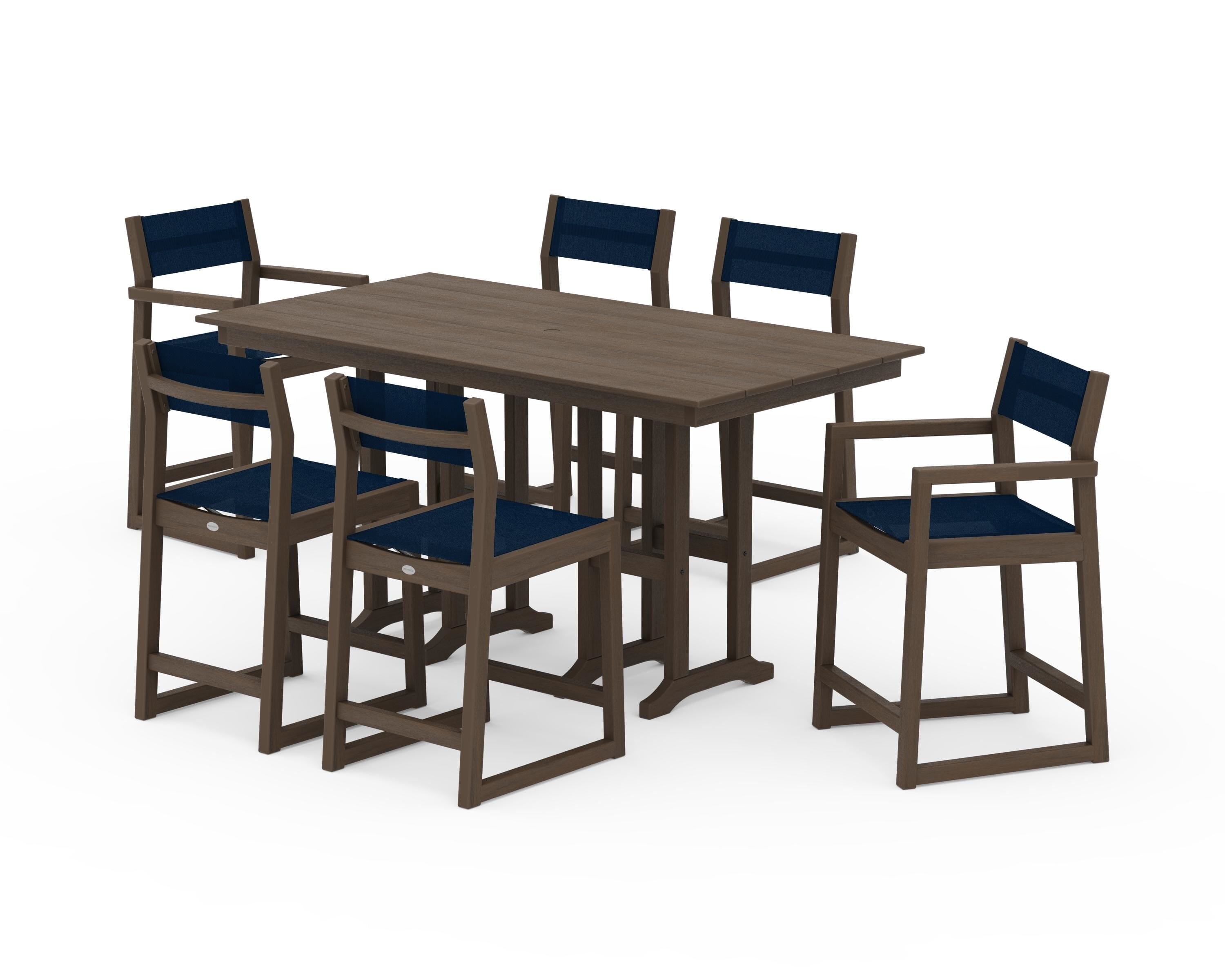 POLYWOOD EDGE Sling 7-Piece Farmhouse Counter Set with Trestle Legs in Kona / Navy Blue Sling